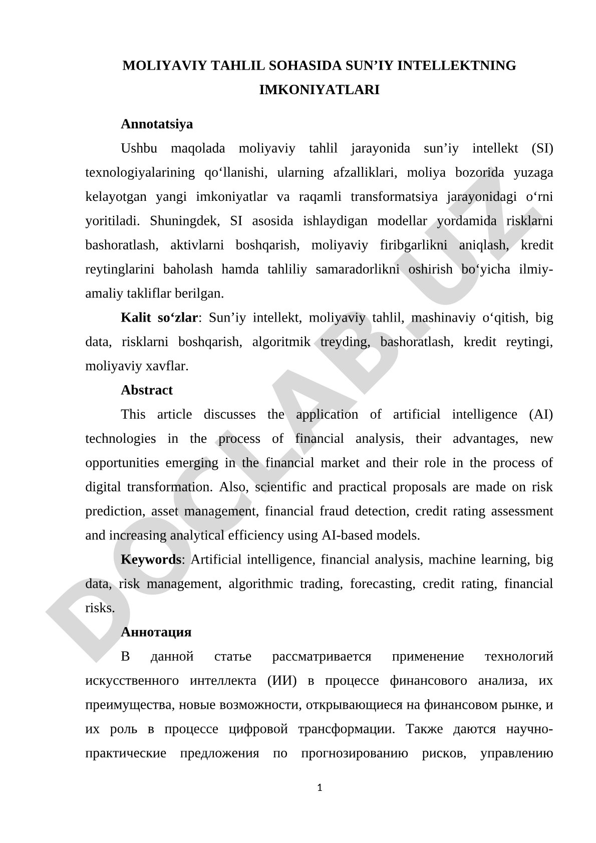 Moliya tahlil sohasida sun'iy intellekt imkoniyatlari