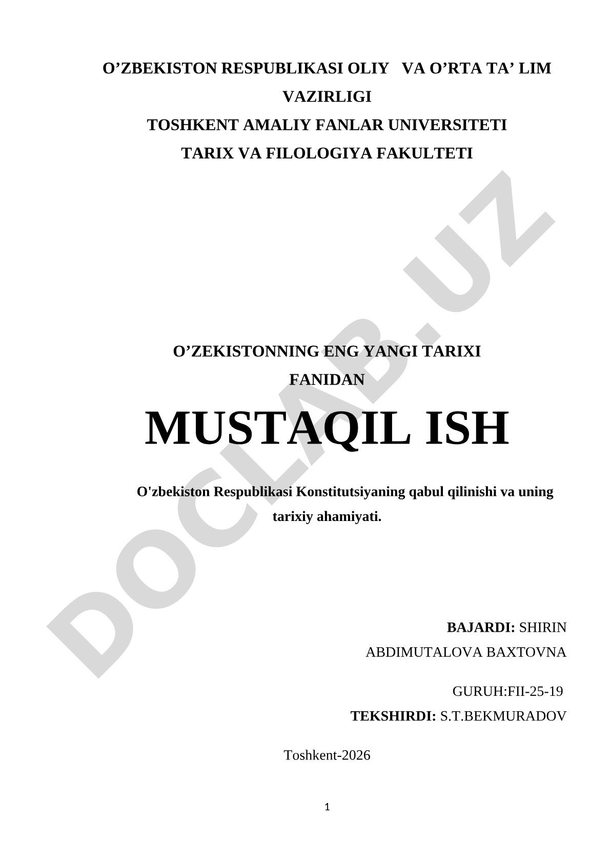 O'zbekiston Respublikasi Konstitutsiyaning qabul qilinishi va uning tarixiy ahamiyati