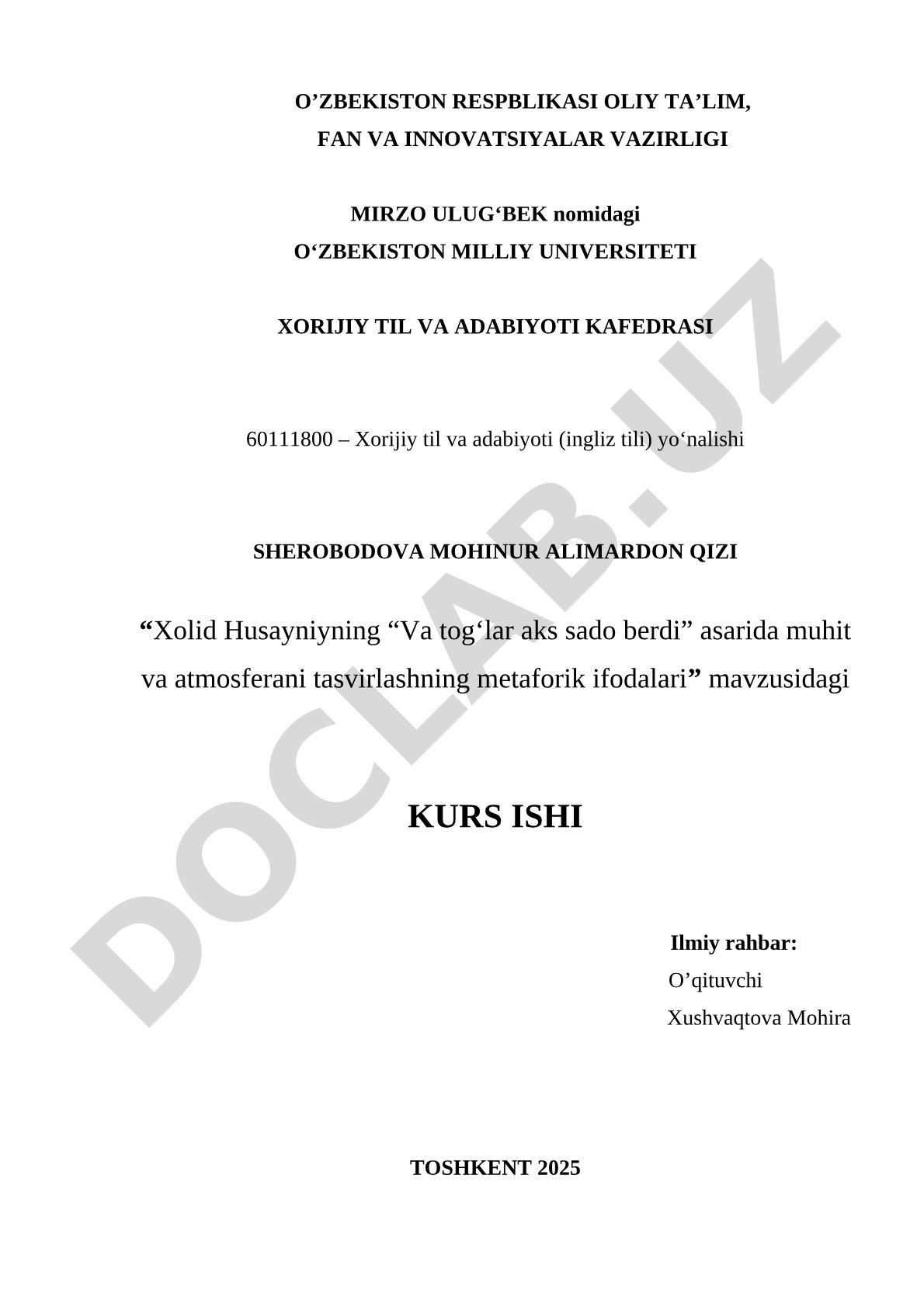 Xolid Husayniyning "Va tog'lar aks sado berdi" asarida muhit va atmosferani tasvirlashning metaforik ifodalari