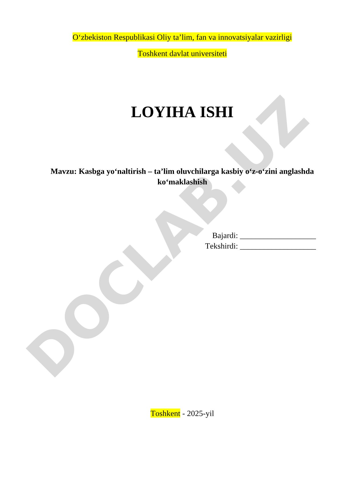 Kasbga yo‘naltirish – ta’lim oluvchilarga kasbiy o‘z-o‘zini anglashda ko‘maklashish