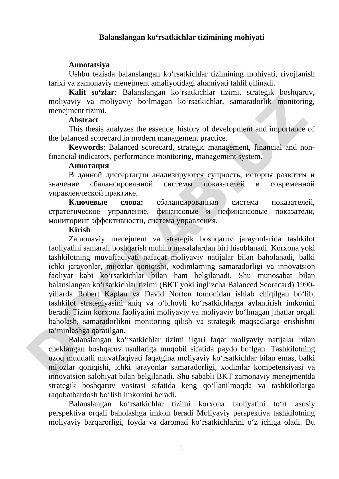 Balanslangan ko'rsatkichlar tizimining mohiyati