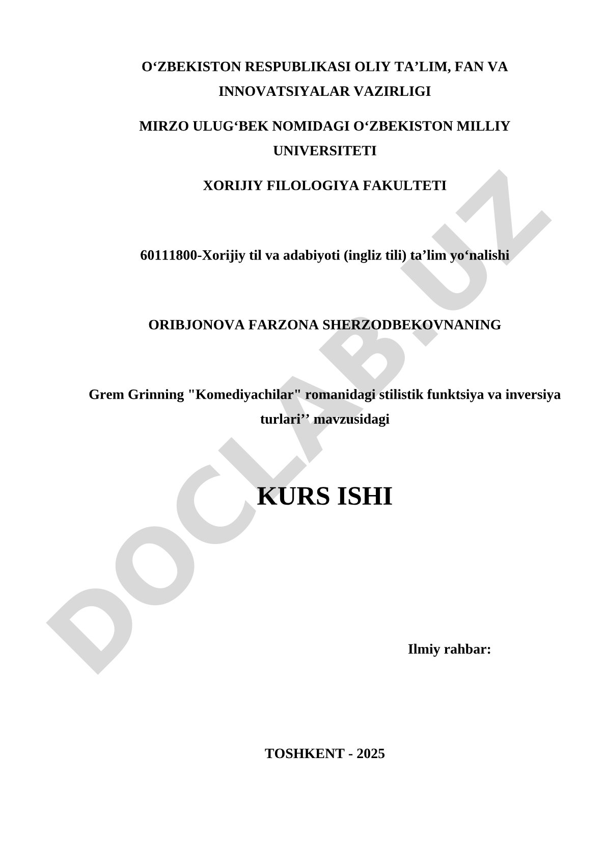 Grem Grinning "Komediyachilar" romanidagi stilistik funktsiya va inversiya turlari