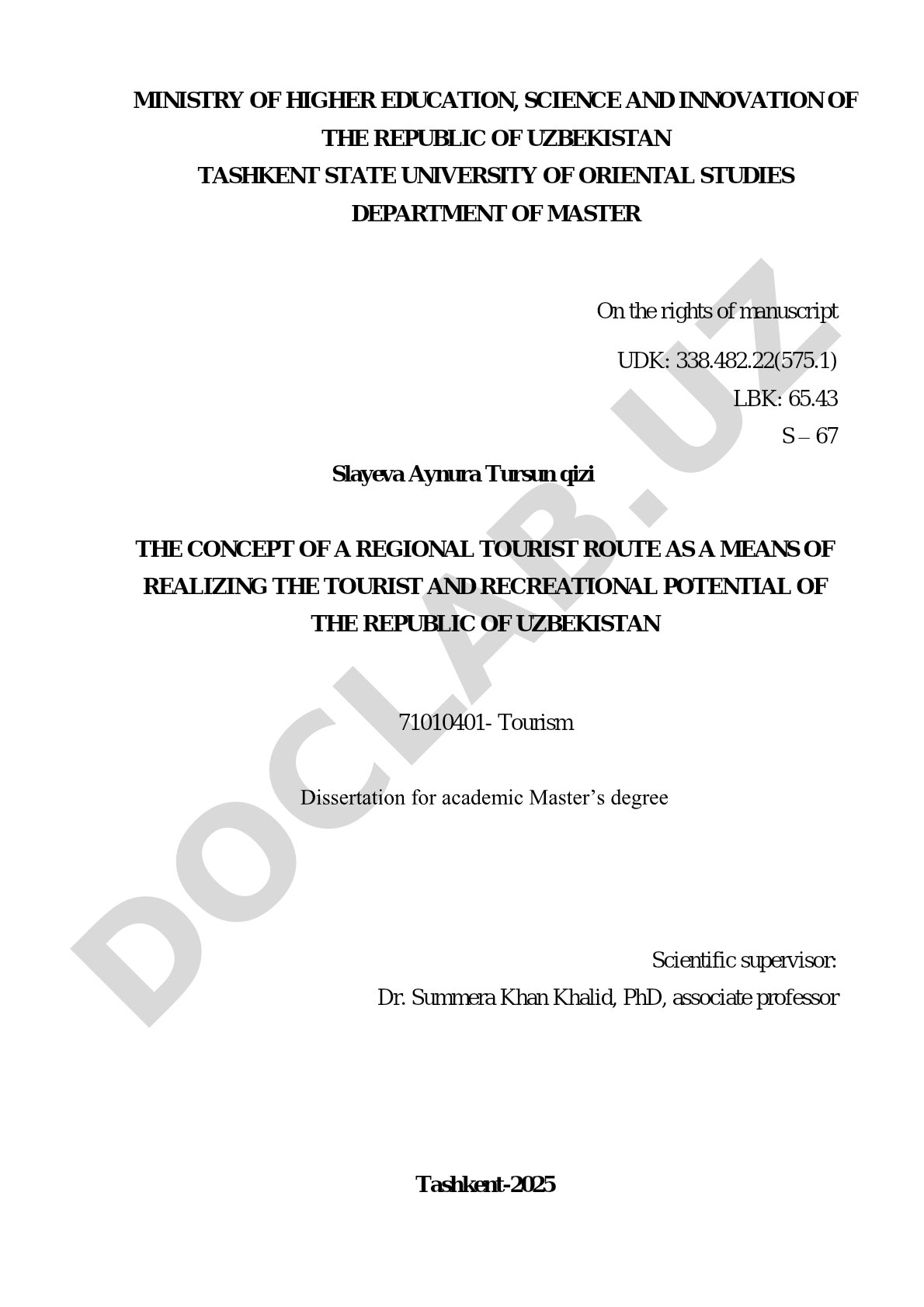 The Concept of a Regional Tourist Route as a Means of Realizing the Tourist and Recreational Potential of the Republic of Uzbekistan