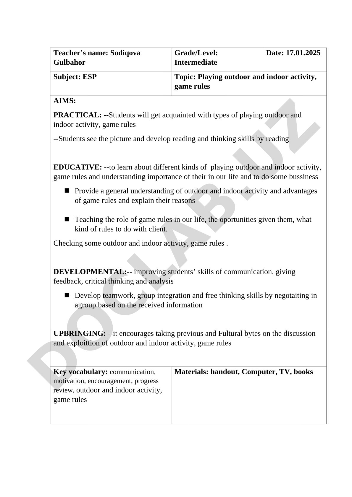 Playing outdoor and indoor activity, game rules