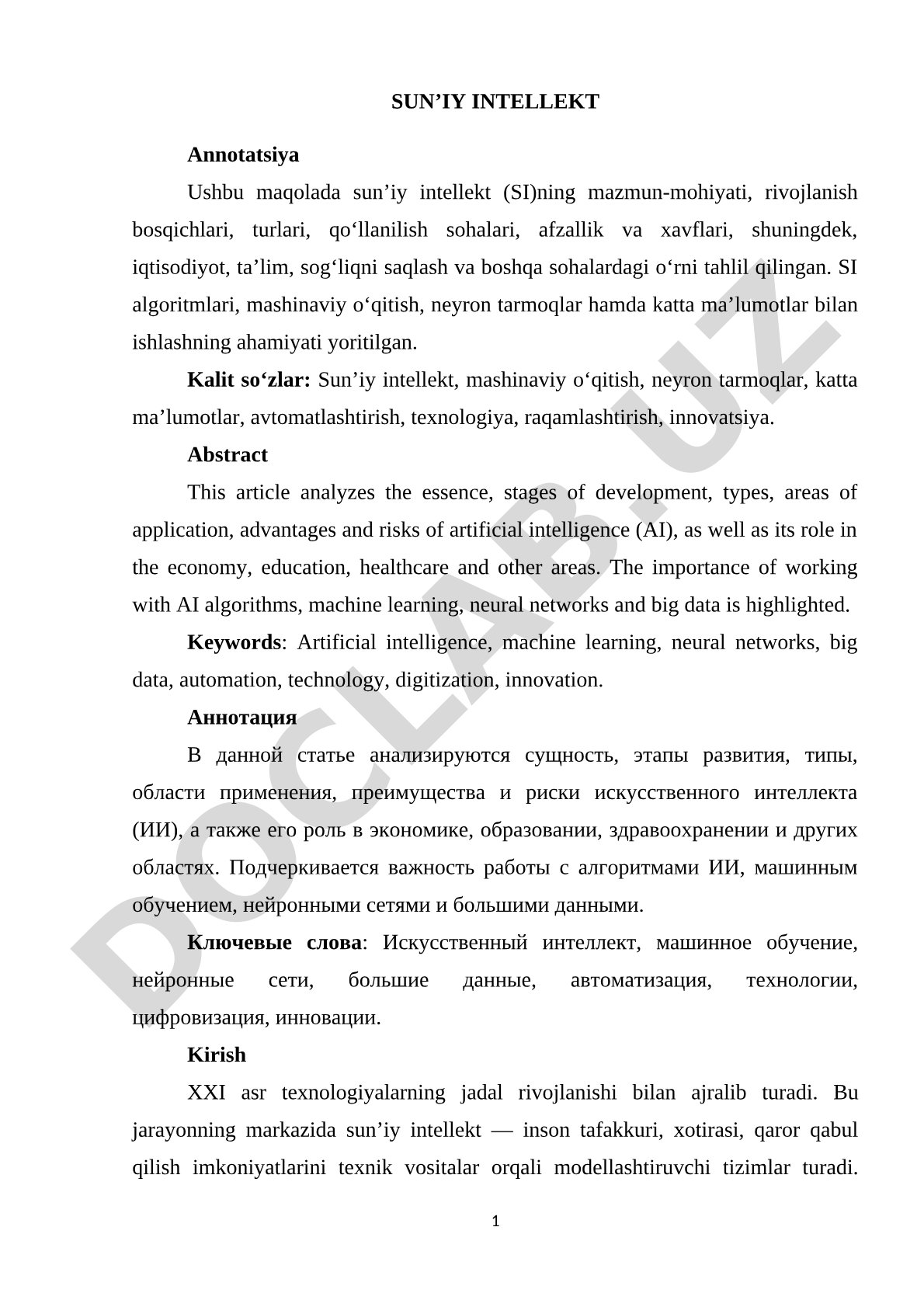 Sun’iy intellektning mazmun-mohiyati, rivojlanish bosqichlari va qo‘llanilish sohalari