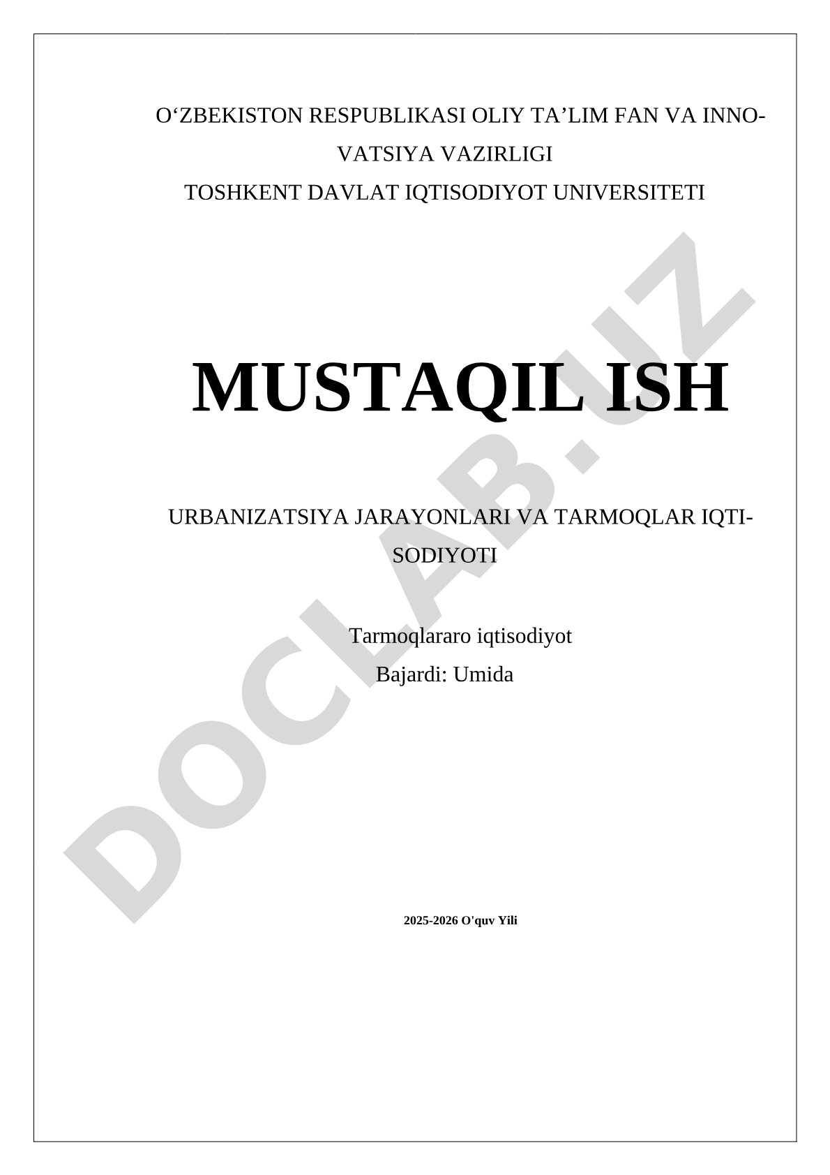 Urbanizatsiya jarayonlari va tarmoqlar iqtisodiyoti