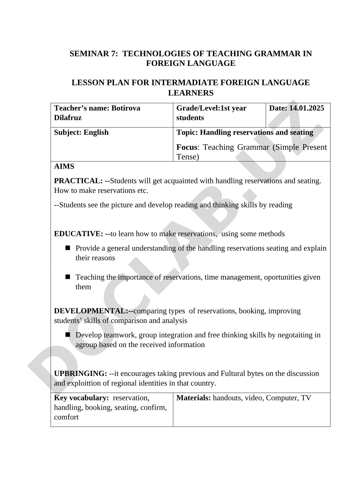 Handling reservations and seating: Teaching Simple Present Tense
