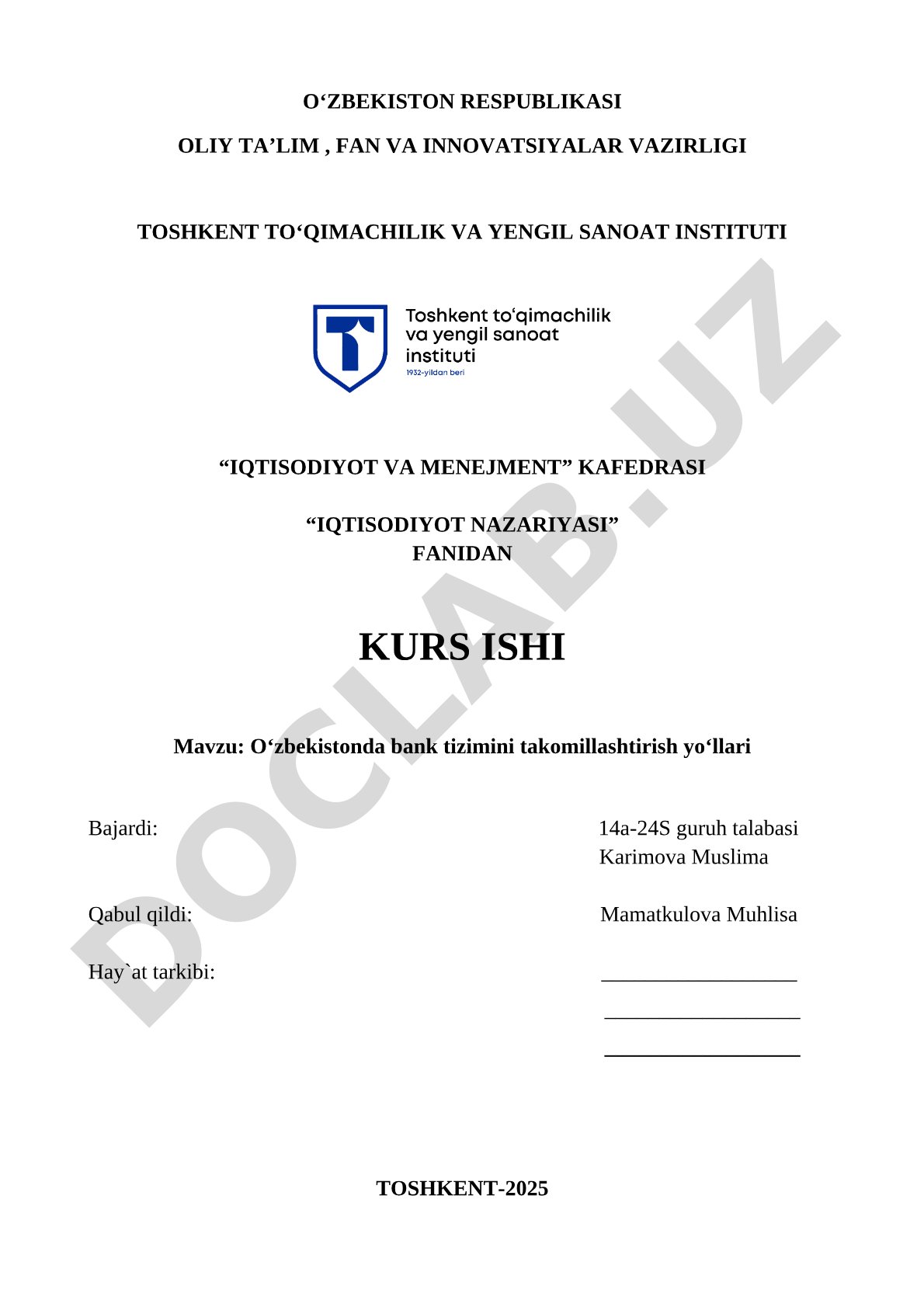Oʻzbekistonda bank tizimini takomillashtirish yoʻllari