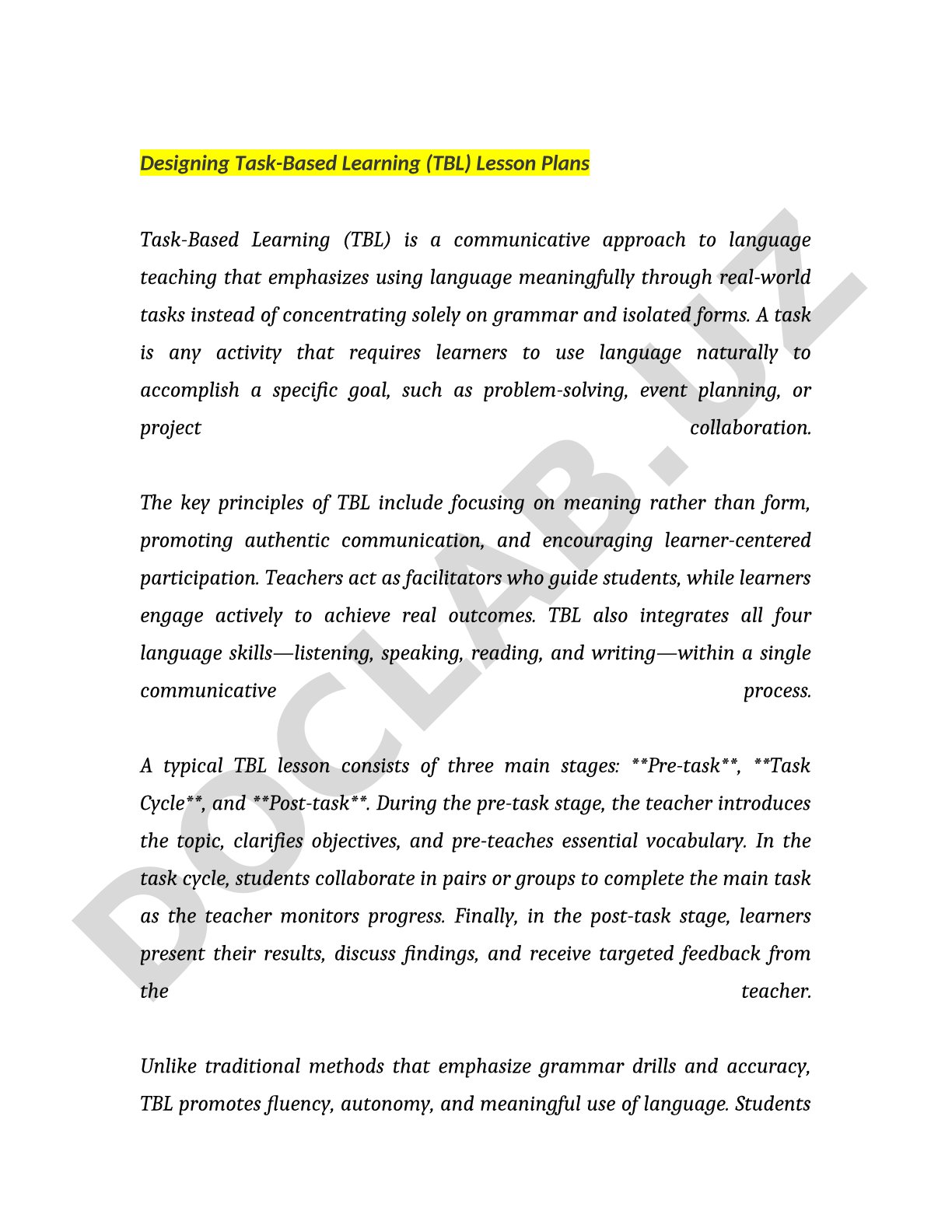 Designing Task-Based Learning (TBL) Lesson Plans