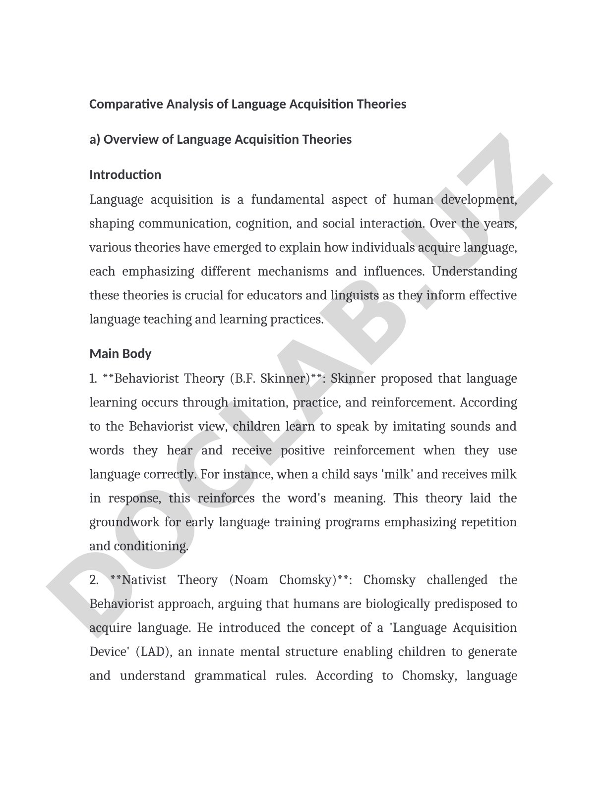 Comparative Analysis of Language Acquisition Theories