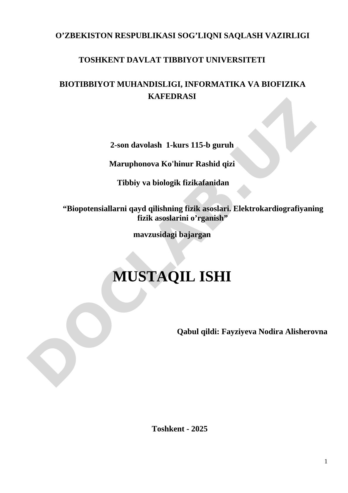 Biopotensiallarni qayd qilishning fizik asoslari. Elektrokardiografiyaning fizik asoslarini o'rganish