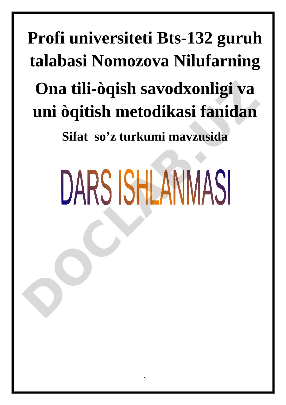Sifat so'z turkumi darsining texnologik xaritasi