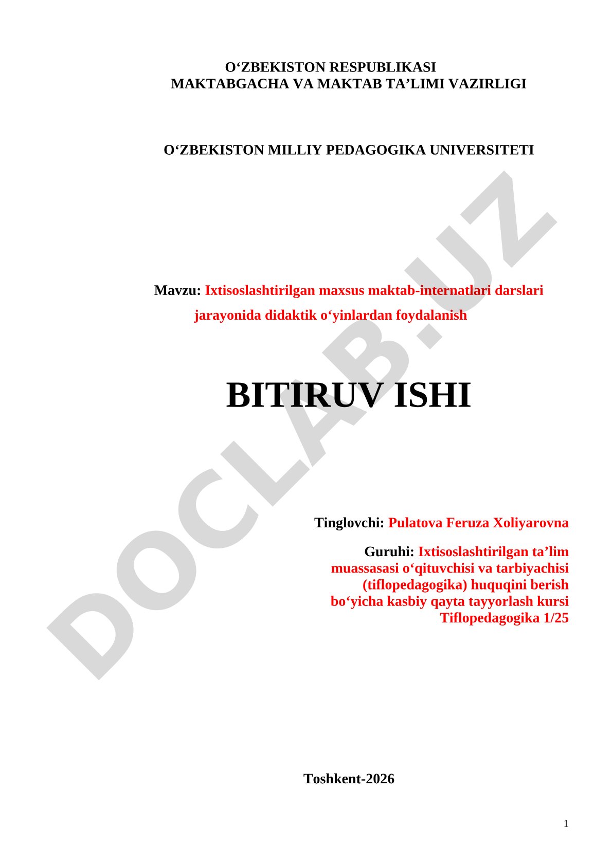 Ixtisoslashtirilgan maxsus maktab-internatlari darslari jarayonida didaktik o‘yinlardan foydalanish