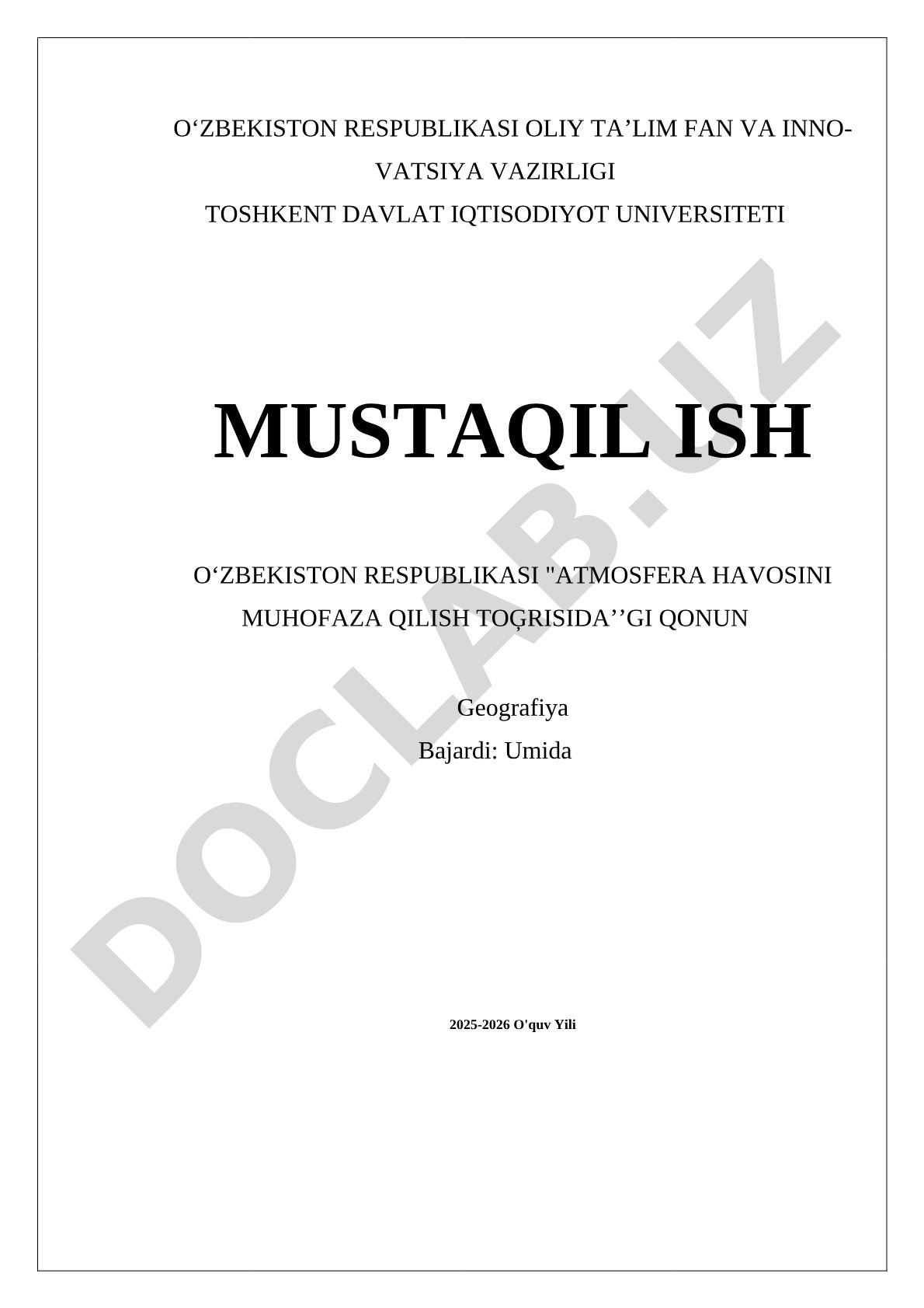 O'zbekiston Respublikasi 'Atmosfera havosini muhofaza qilish to'g'risida'gi qonuni
