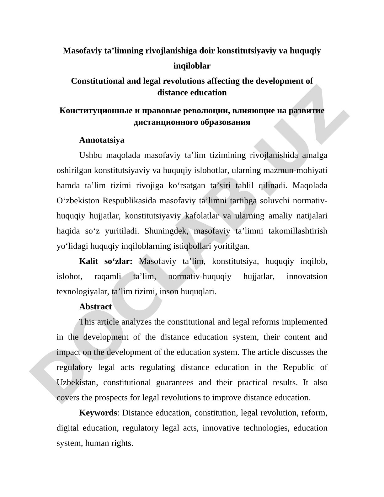 Masofaviy ta'limning rivojlanishiga doir konstitutsiyaviy va huquqiy inqiloblar