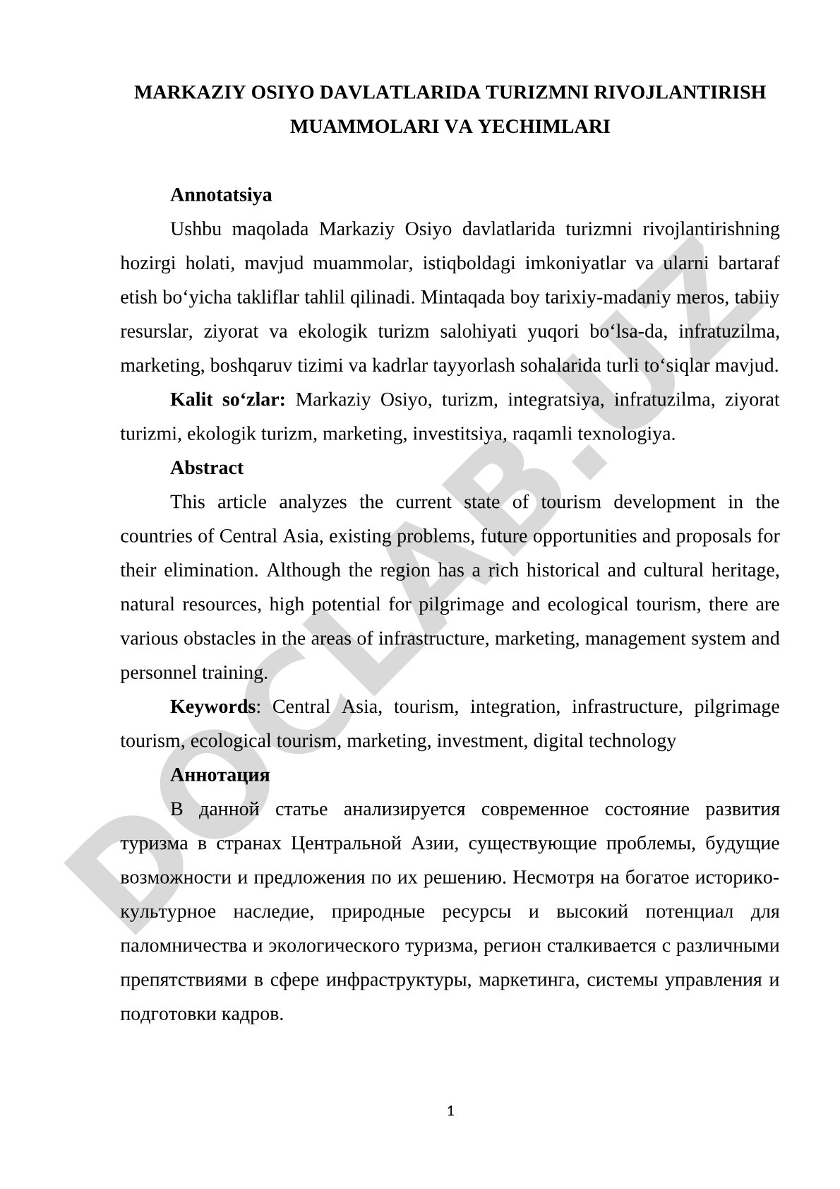 Markaziy Osiyo davlatlarida turizmni rivojlantirish muammolari va yechimlari
