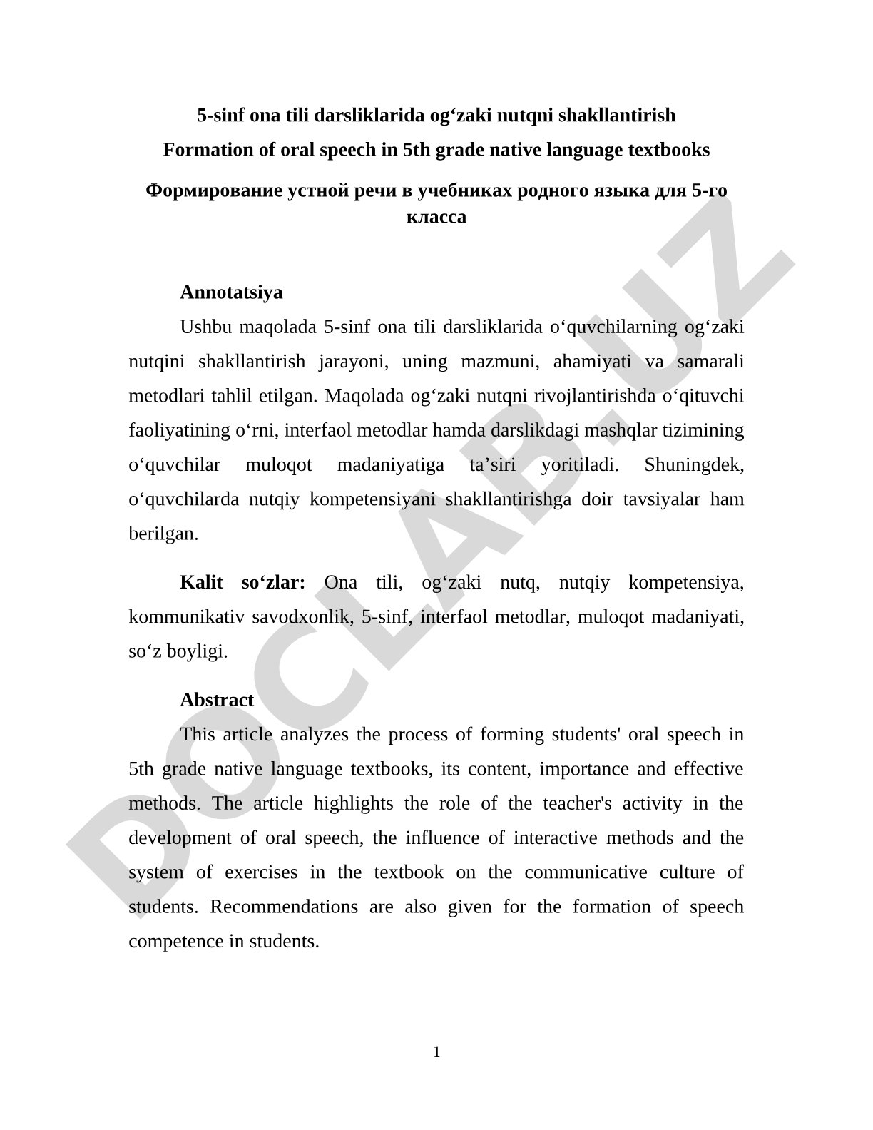 5-sinf ona tili darsliklarida og‘zaki nutqni shakllantirish