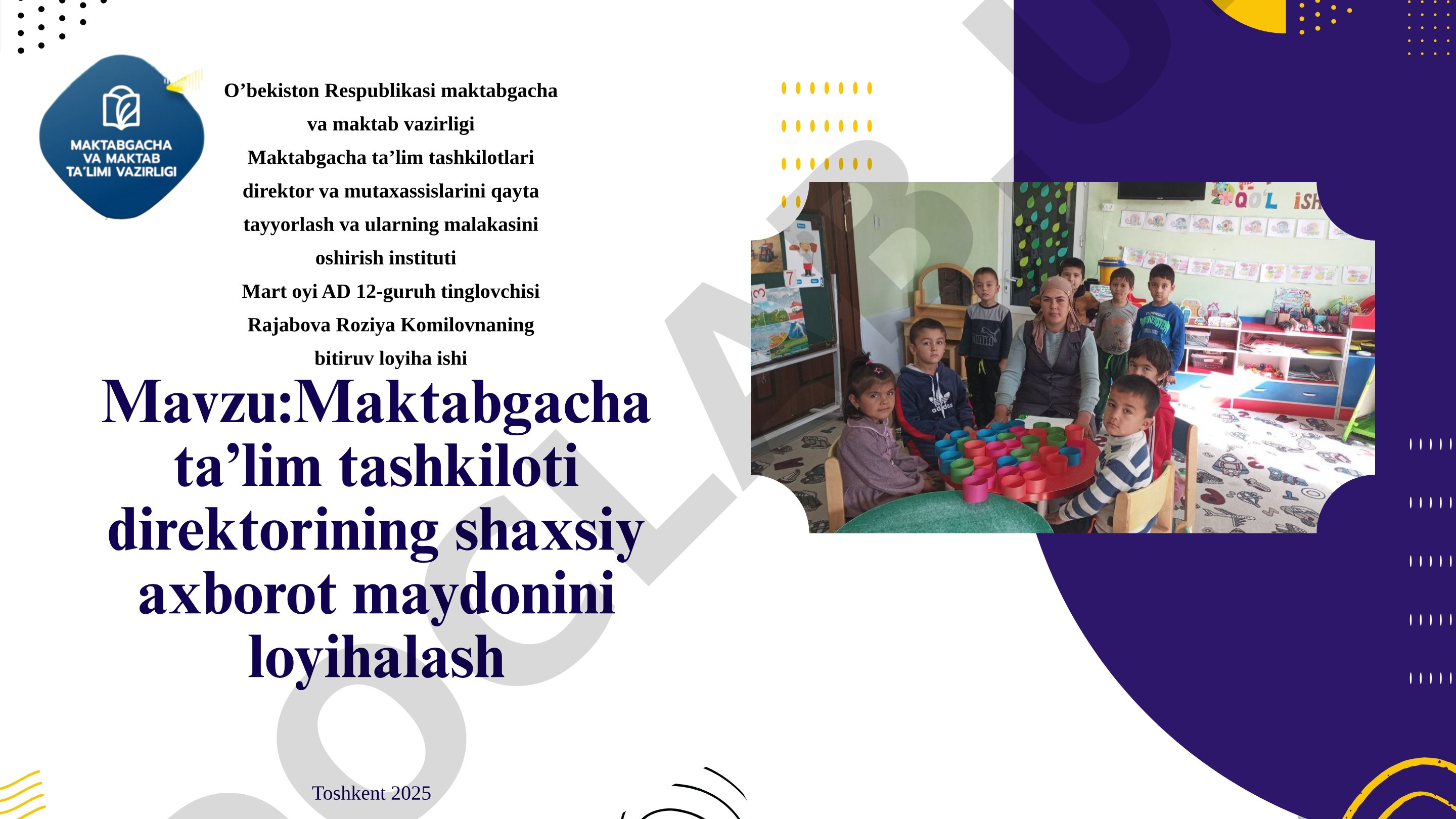 Maktabgacha ta’lim tashkiloti direktorining shaxsiy axborot maydonini loyihalash