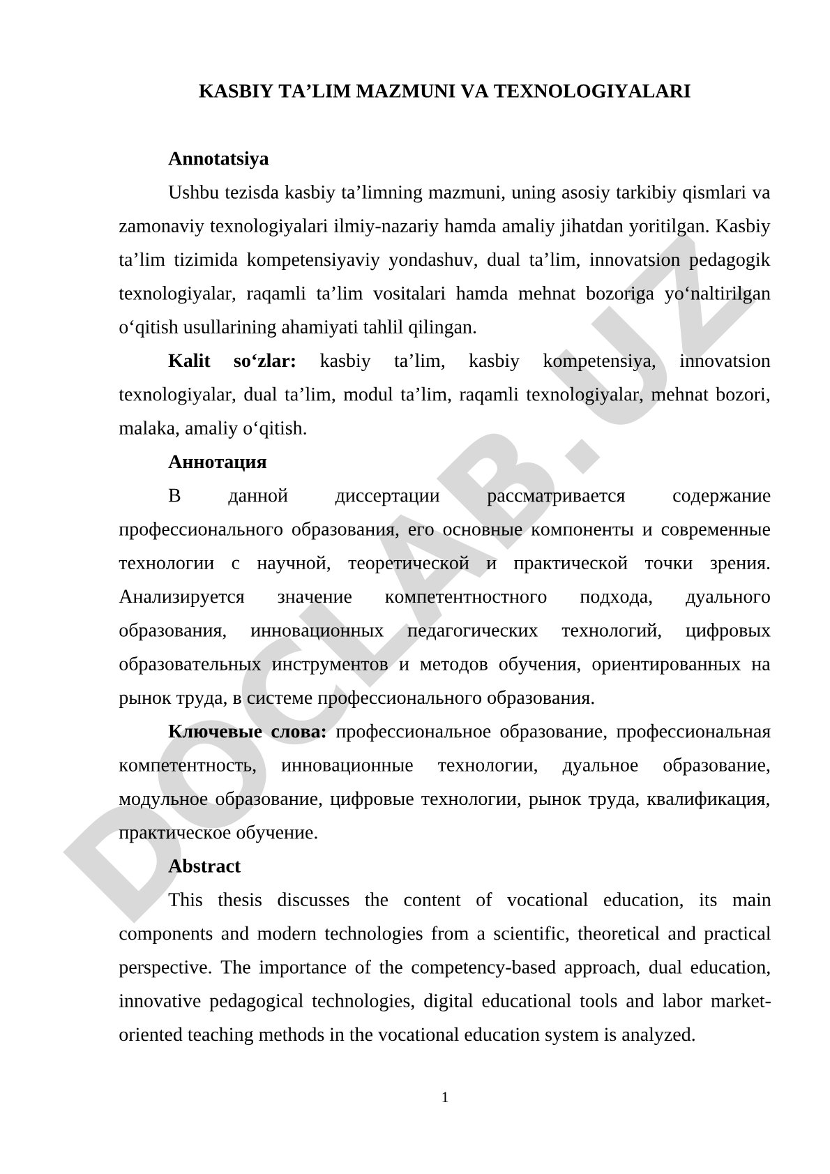 Kasbiy ta'lim mazmuni va texnologiyalari
