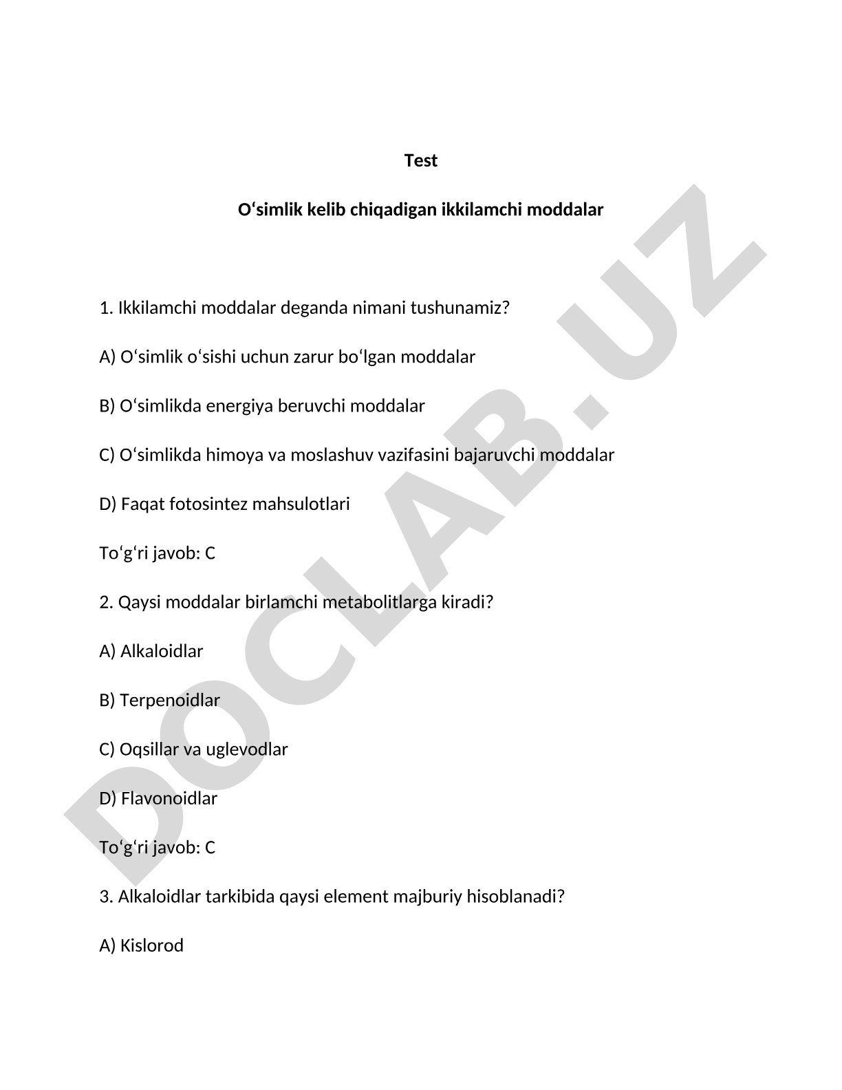 O'simlik kelib chiqadigan ikkilamchi moddalar testi