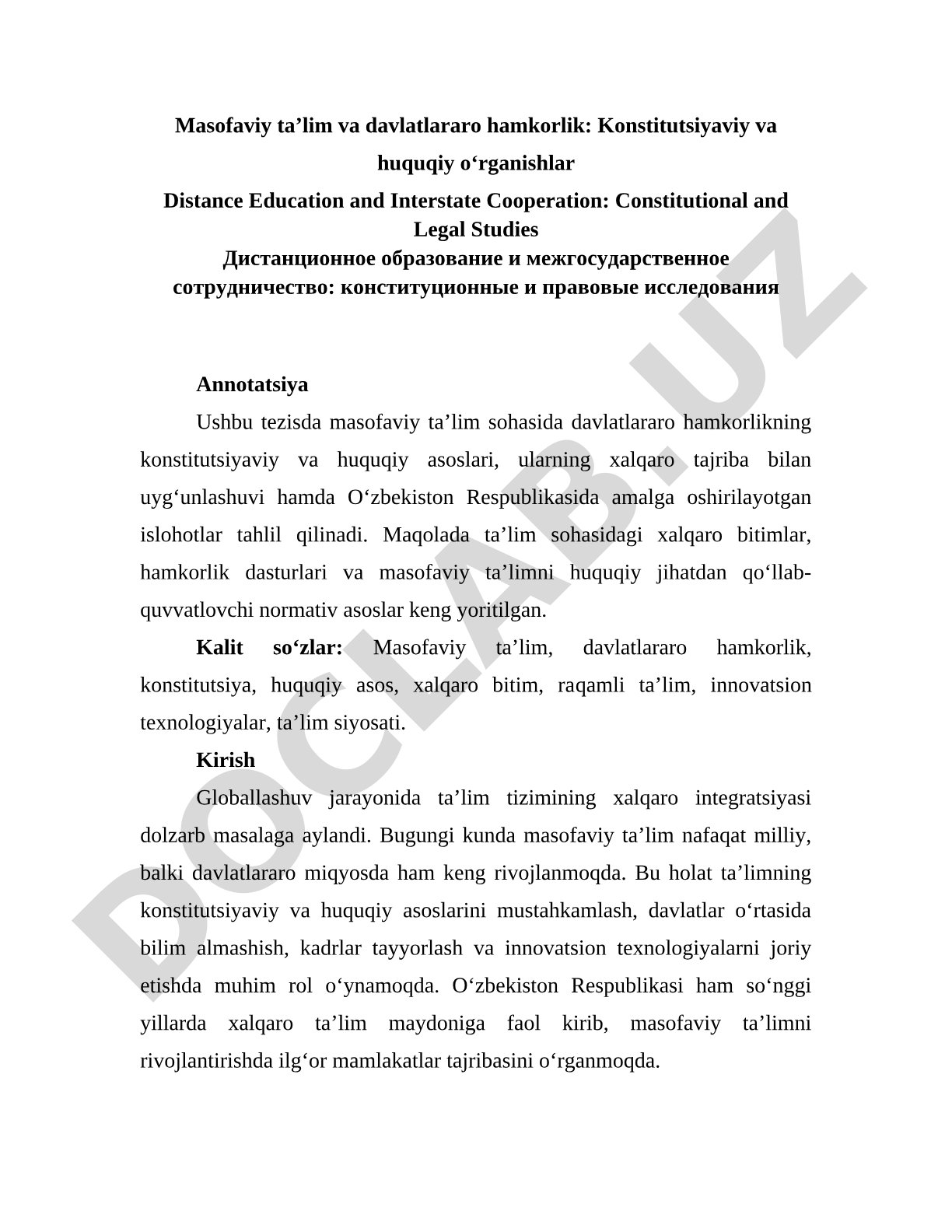Masofaviy ta'lim va davlatlararo hamkorlik: Konstitutsiyaviy va huquqiy o'rganishlar