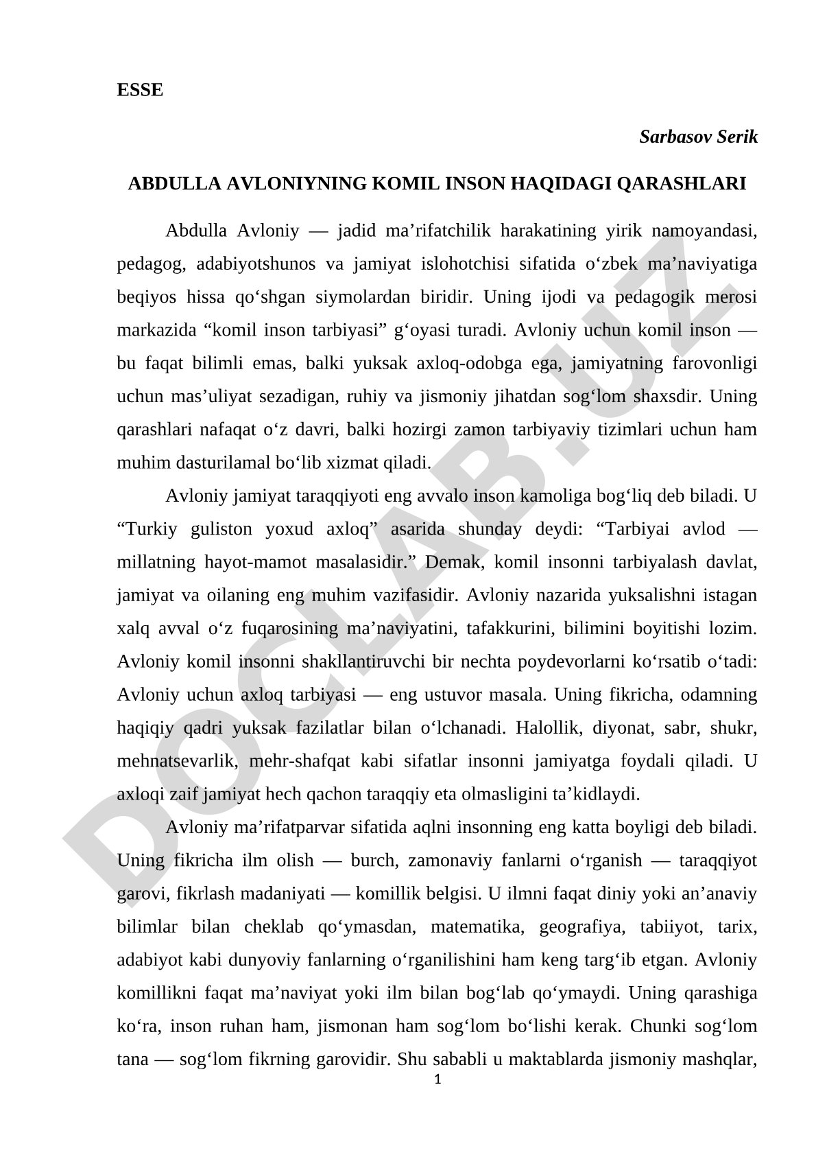 Abdulla Avloniyning komil inson haqidagi qarashlari