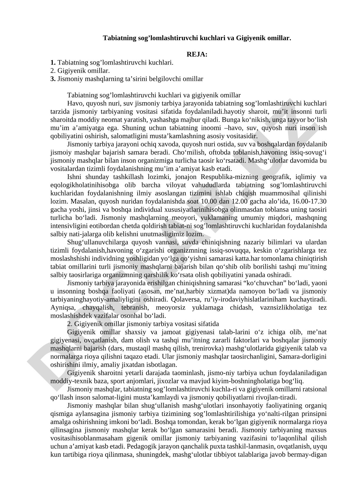 Tabiatning sog'lomlashtiruvchi kuchlari va gigiyenik omillar
