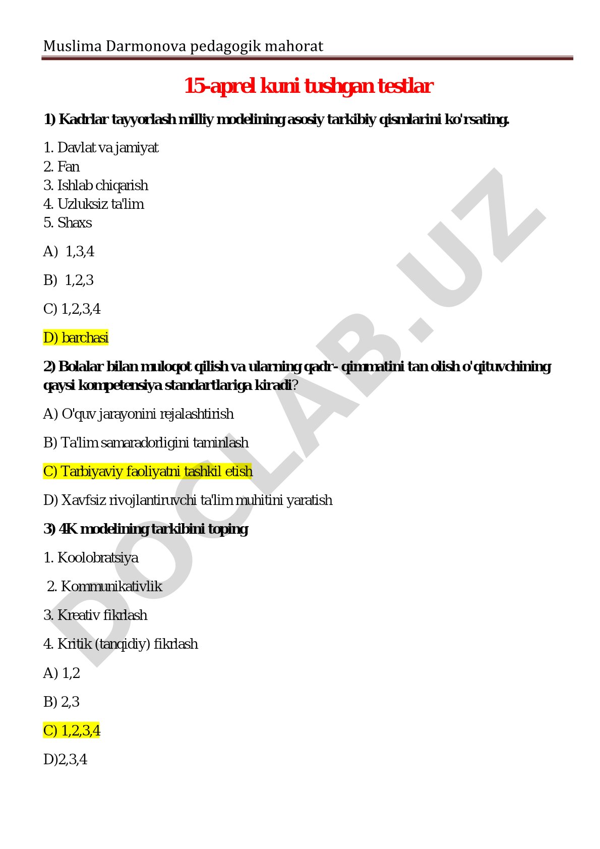 Pedagogik mahorat testlari