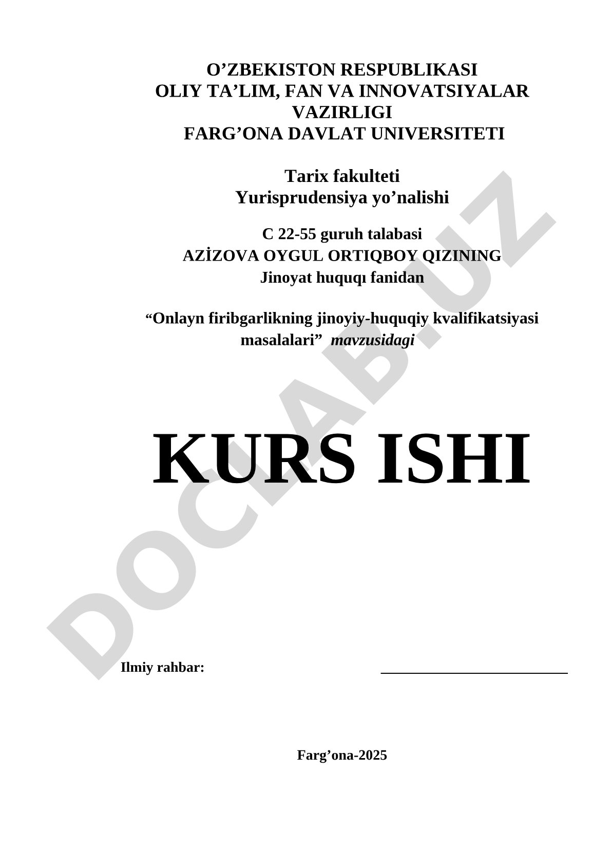 Onlayn firibgarlikning jinoyiy-huquqiy kvalifikatsiyasi masalalari