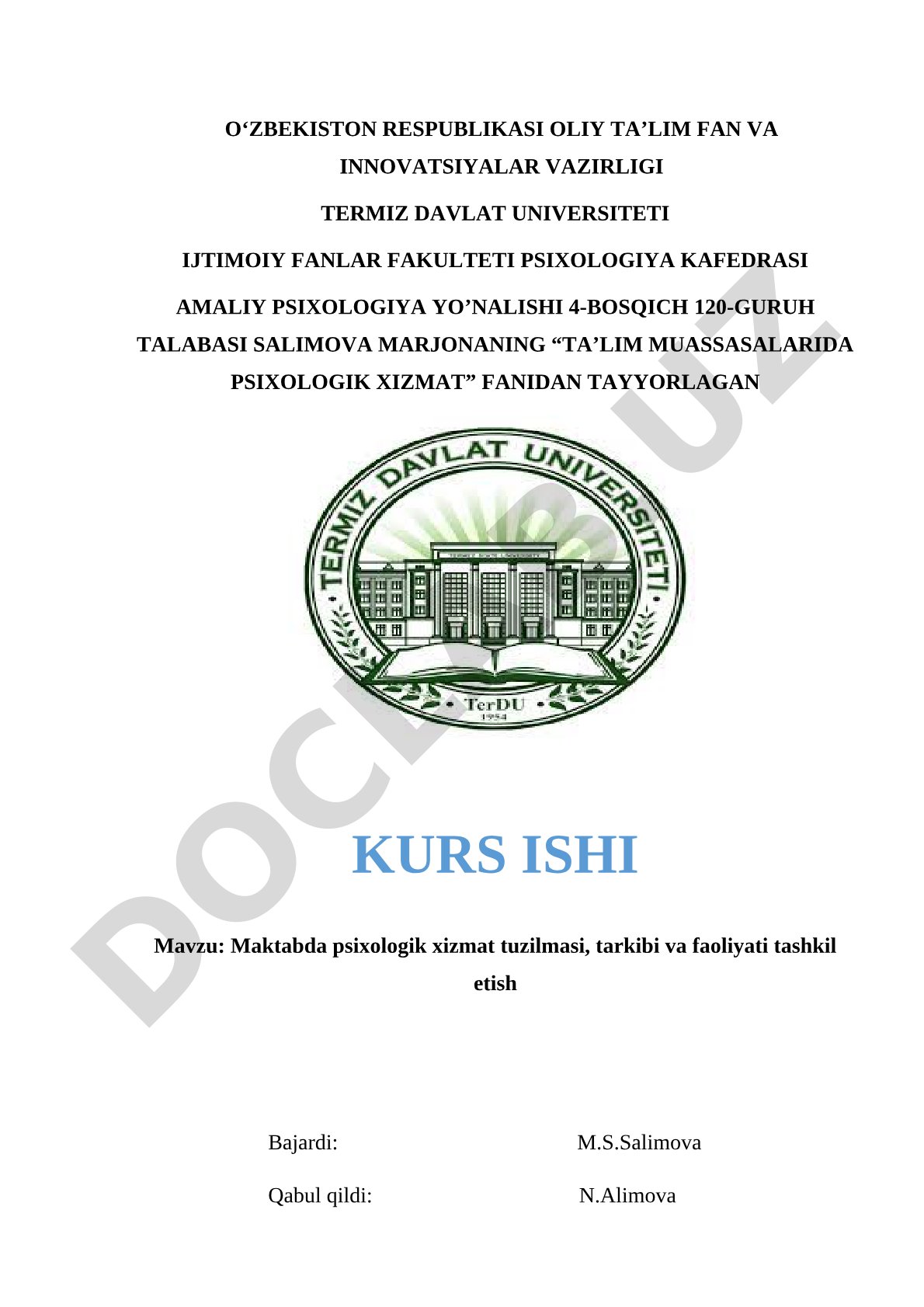 Maktabda psixologik xizmat tuzilmasi, tarkibi va faoliyati tashkil etish