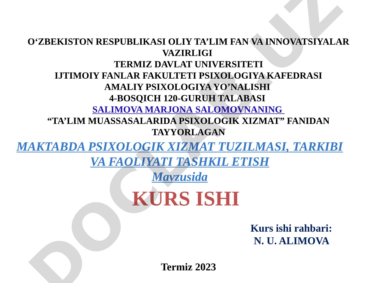 Ta'lim muassasalarida psixologik xizmat faoliyatining tashkiliy asoslari