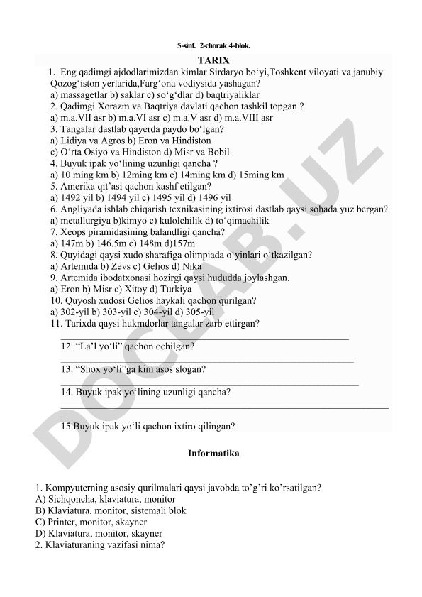 5-sinf tarix fanidan test savollari