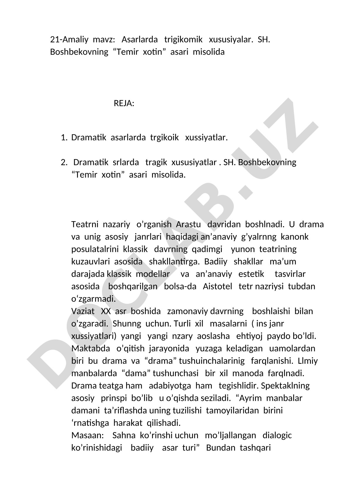 Asarlarda trigikomik xususiyatlar. SH. Boshbekovning “Temir xotin” asari misolida