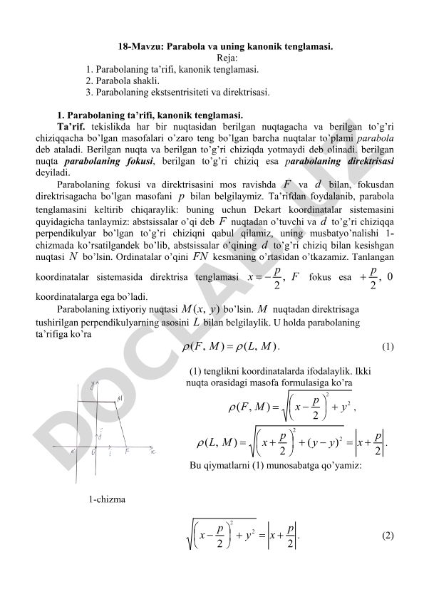 Parabola va uning kanonik tenglamasi