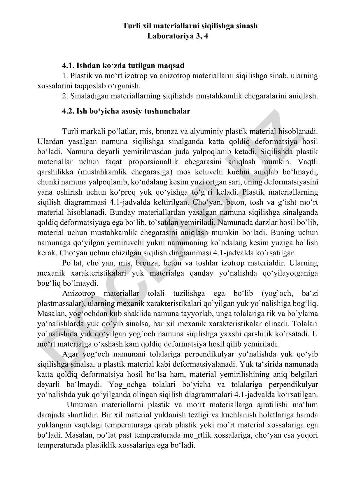 Plastik va mo'rt materiallarning siqilish xossalari