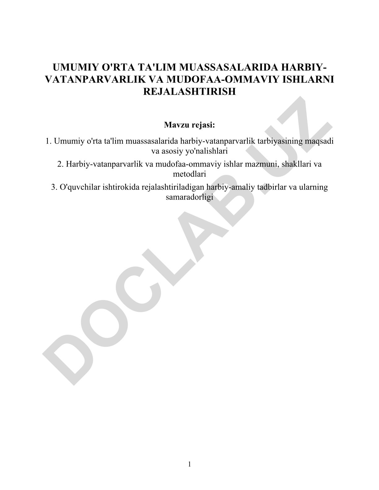 Umumiy o'rta ta'lim muassasalarida harbiy-vatanparvarlik va mudofaa-ommaviy ishlarni rejalashtirish