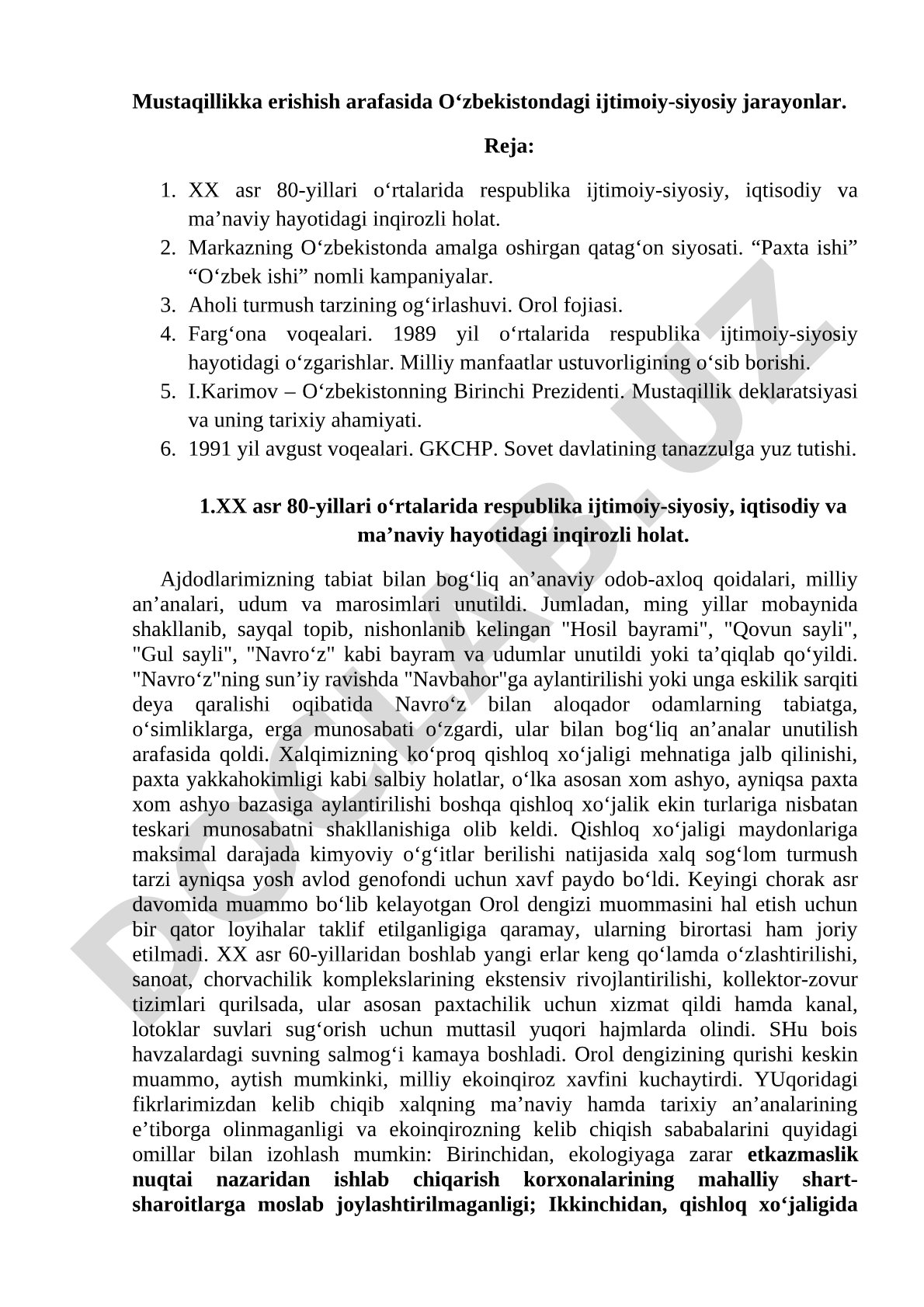 Mustaqillikka erishish arafasida O‘zbekistondagi ijtimoiy-siyosiy jarayonlar