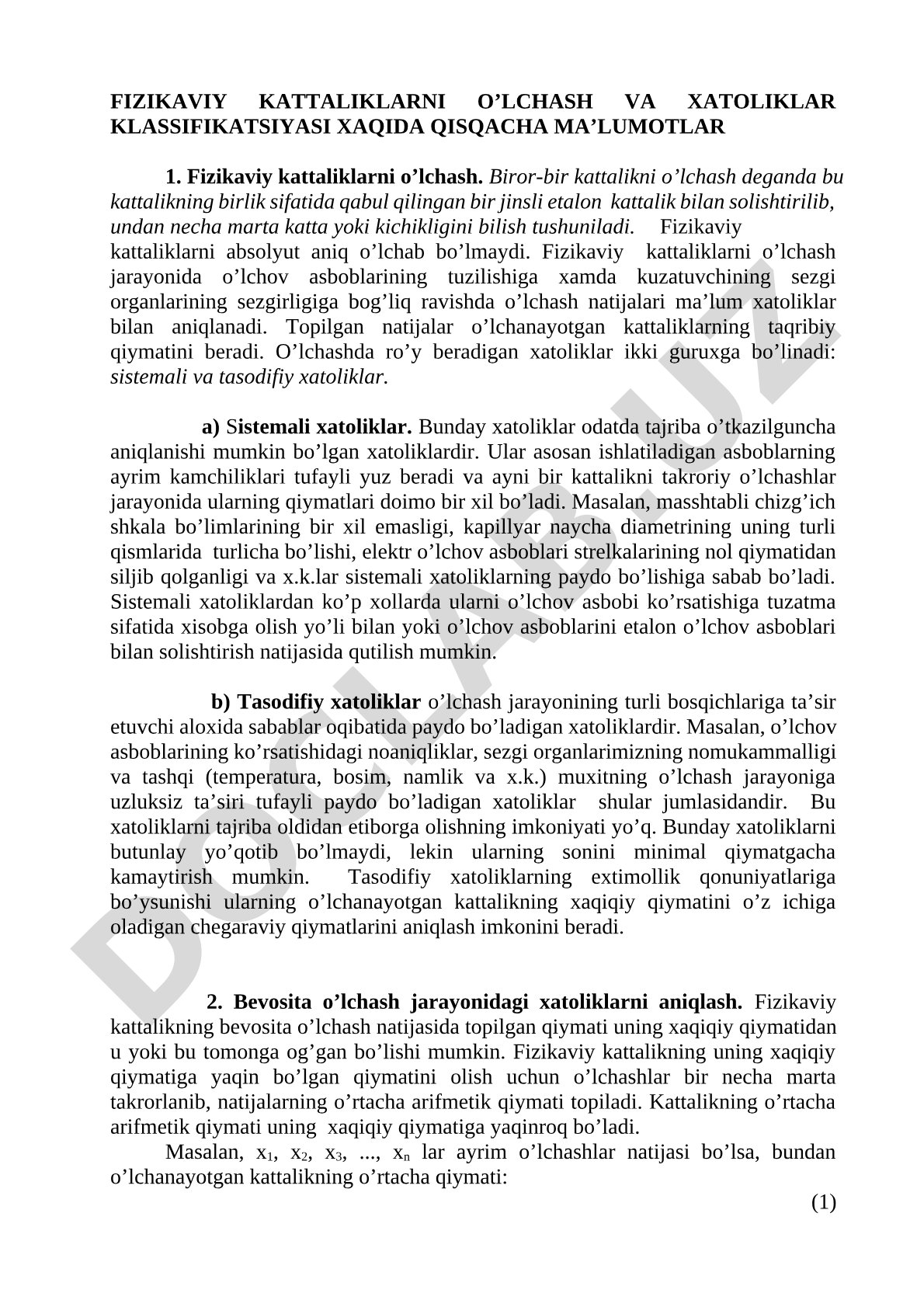 Fizikaviy kattaliklarni o'lchash va xatoliklar klassifikatsiyasi