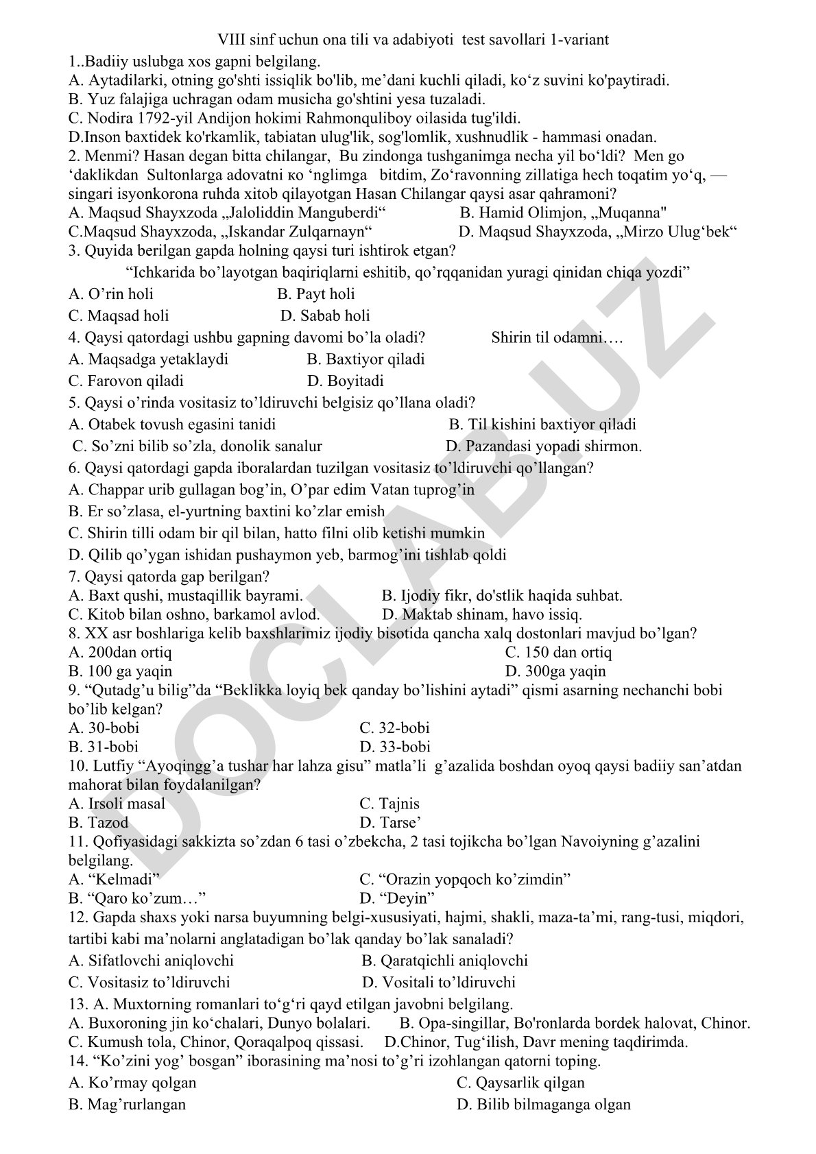 VIII sinf ona tili va adabiyoti test savollari 1-variant