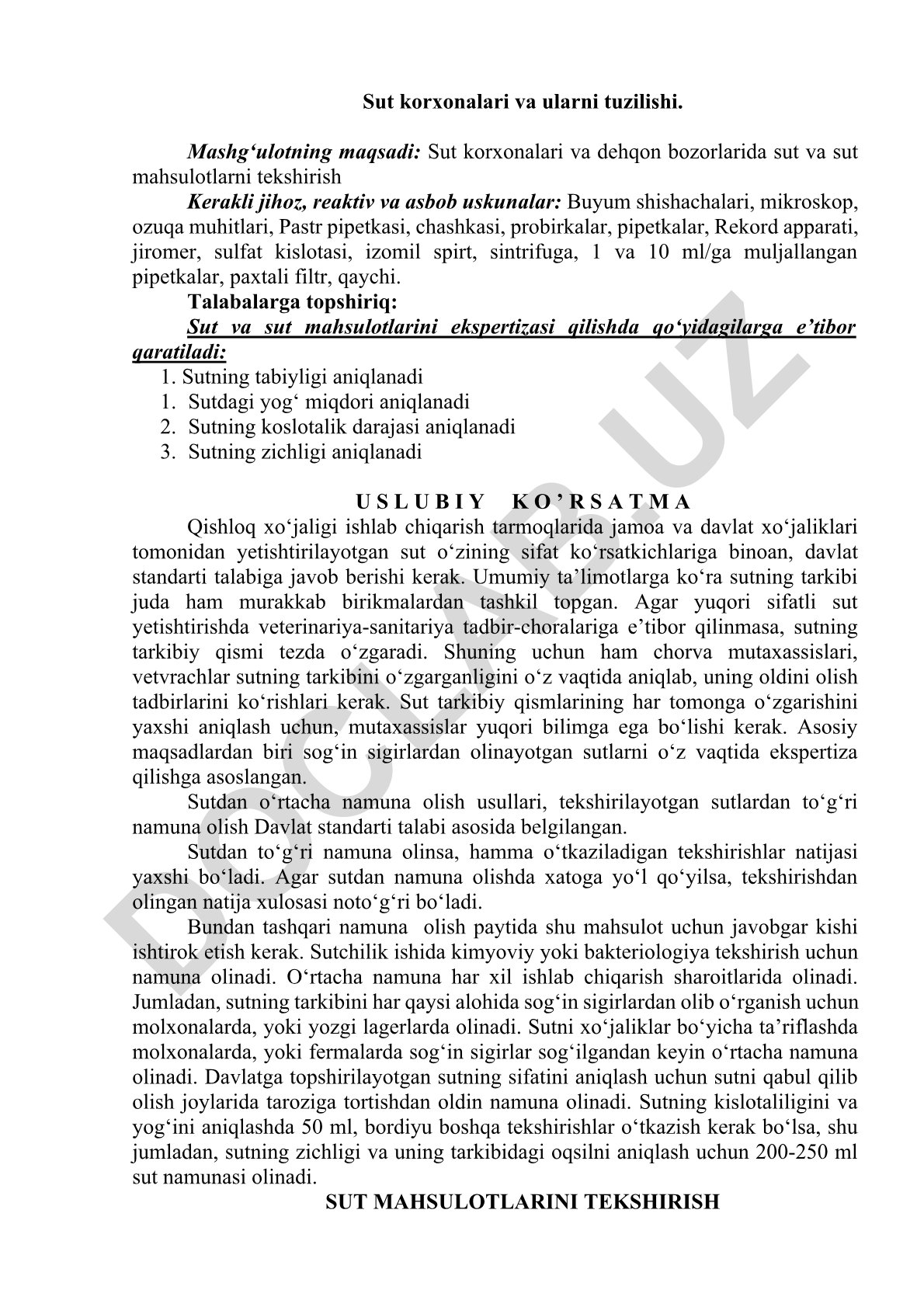 Sut korxonalari va sut mahsulotlari ekspertizasi