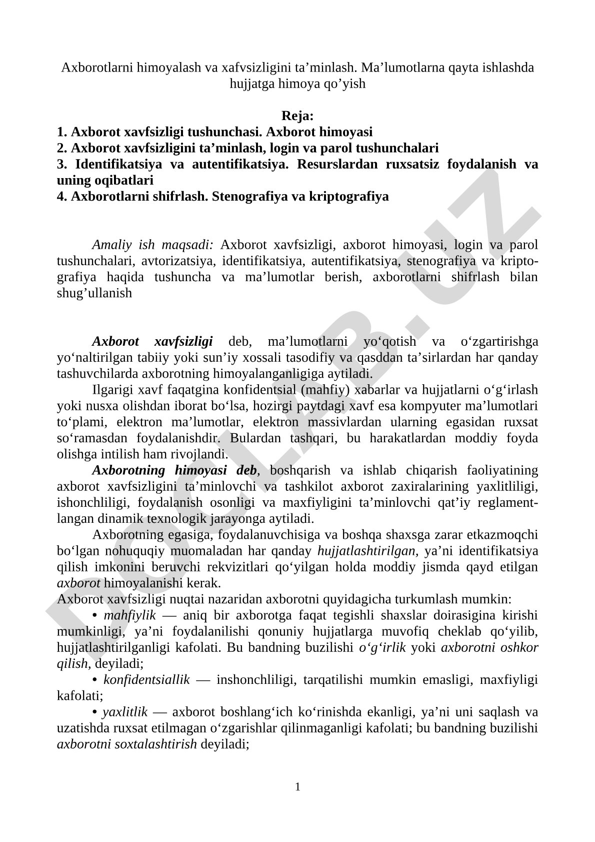 Axborotlarni himoyalash va xavfsizligini ta’minlash
