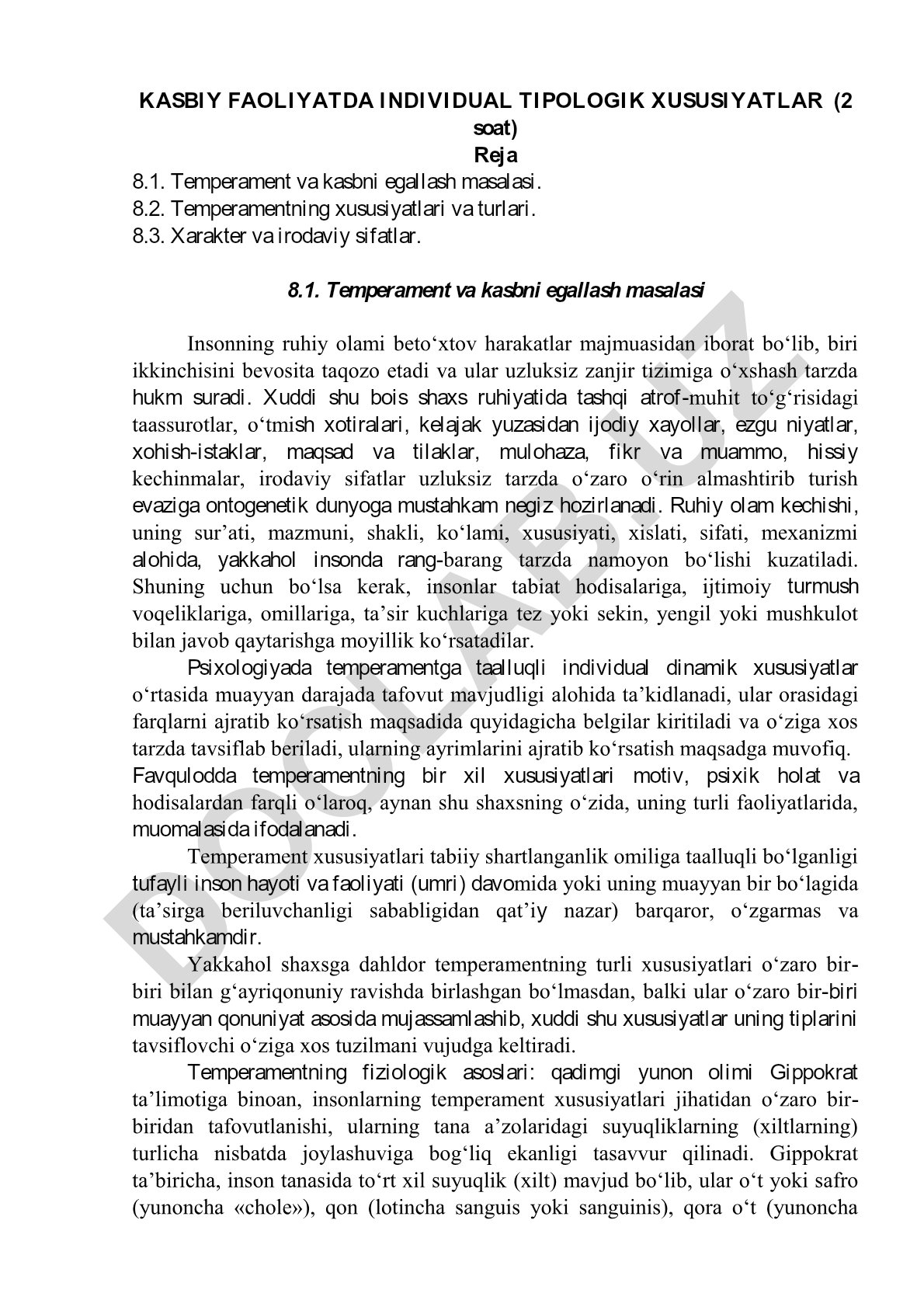 Kasbiy faoliyatda individual tipologik xususiyatlar