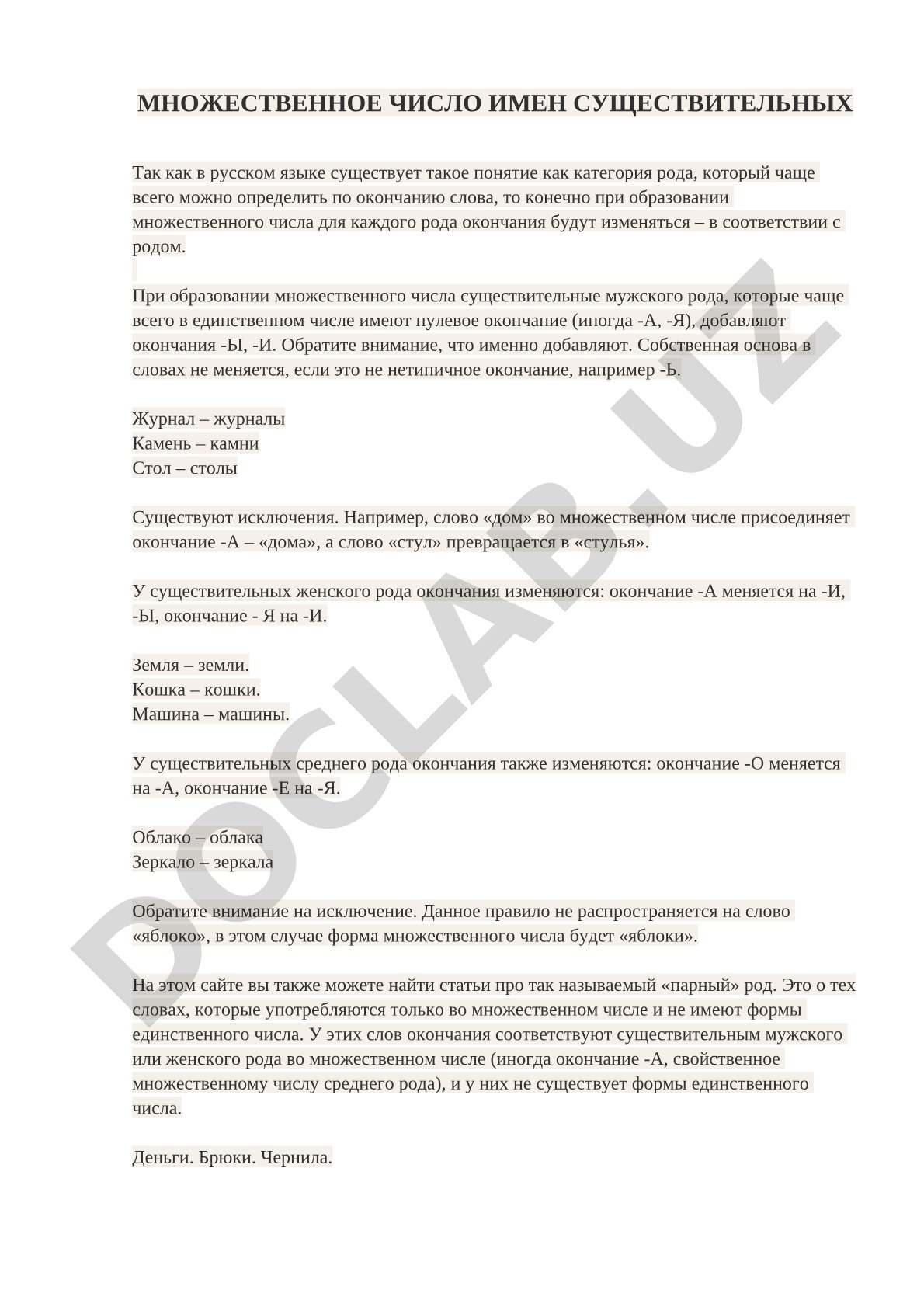 Множественное число имен существительных