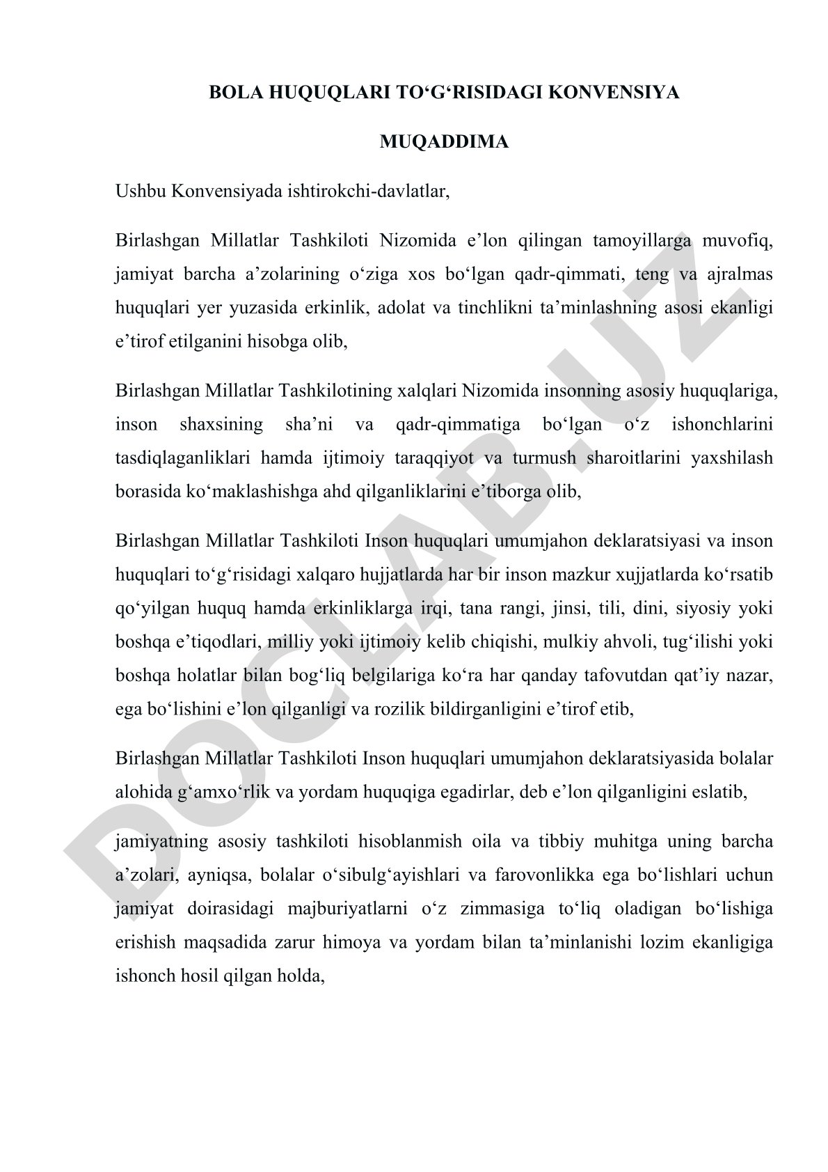 Bola huquqlari to‘g‘risidagi konvensiya muqaddima
