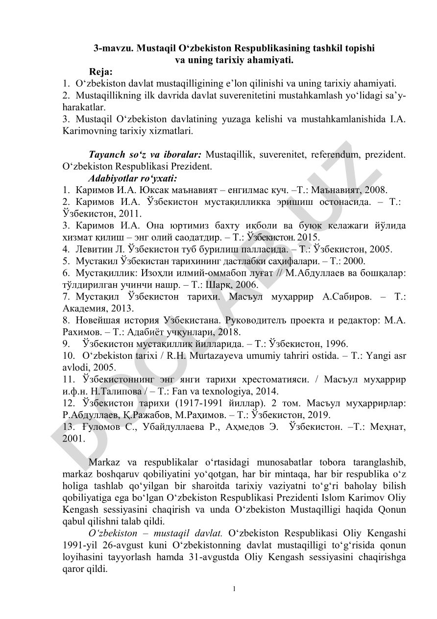 Mustaqil O‘zbekiston Respublikasining tashkil topishi va uning tarixiy ahamiyati