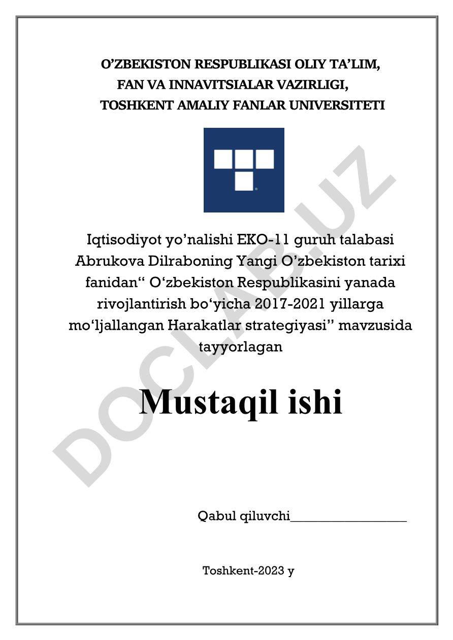 O‘zbekiston Respublikasini yanada rivojlantirish bo‘yicha 2017-2021 yillarga mo‘ljallangan Harakatlar strategiyasi
