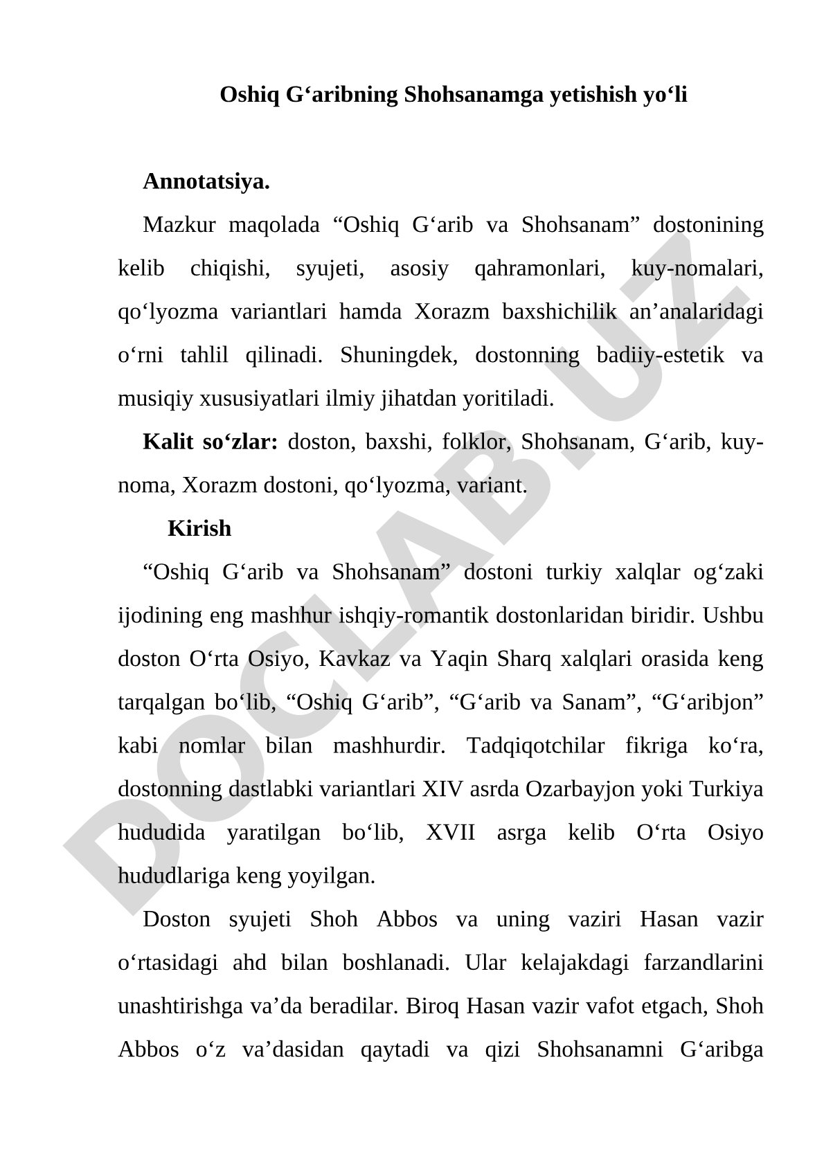 Oshiq G‘arib va Shohsanam dostonining tahlili