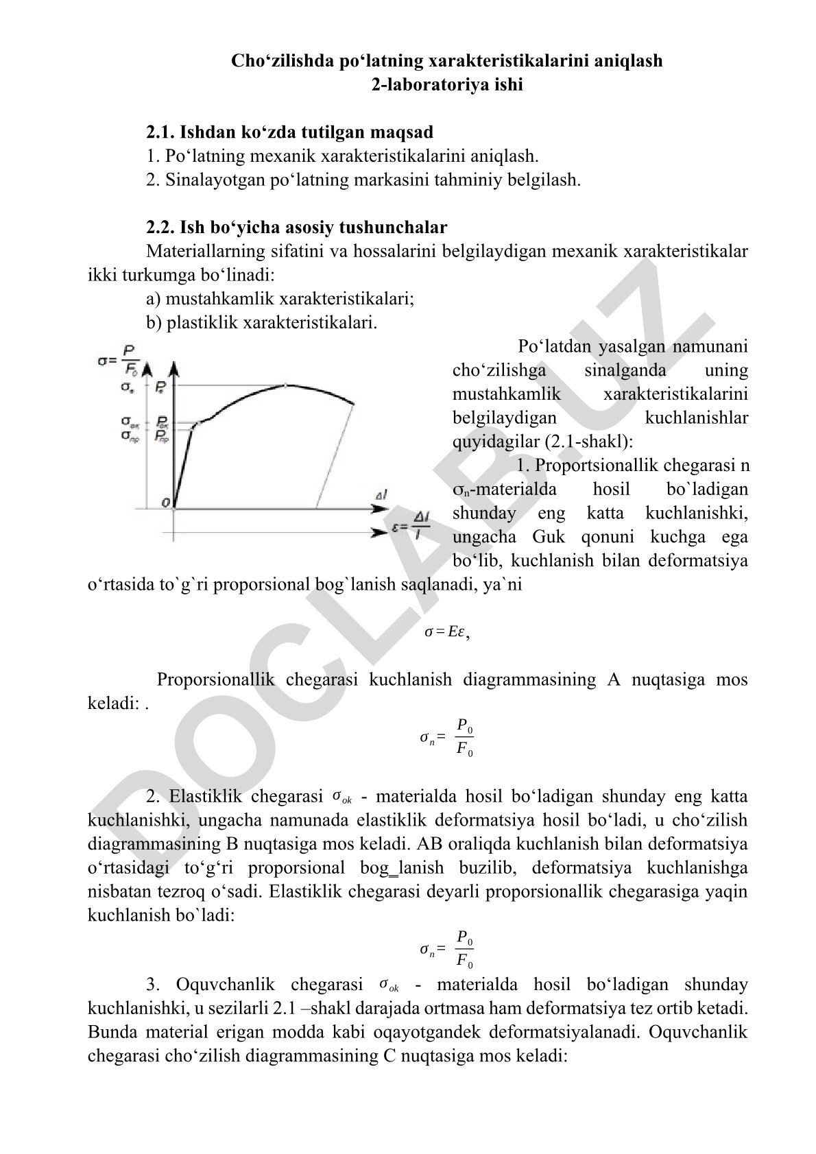 Cho'zilishda po'latning mexanik xarakteristikalarini aniqlash