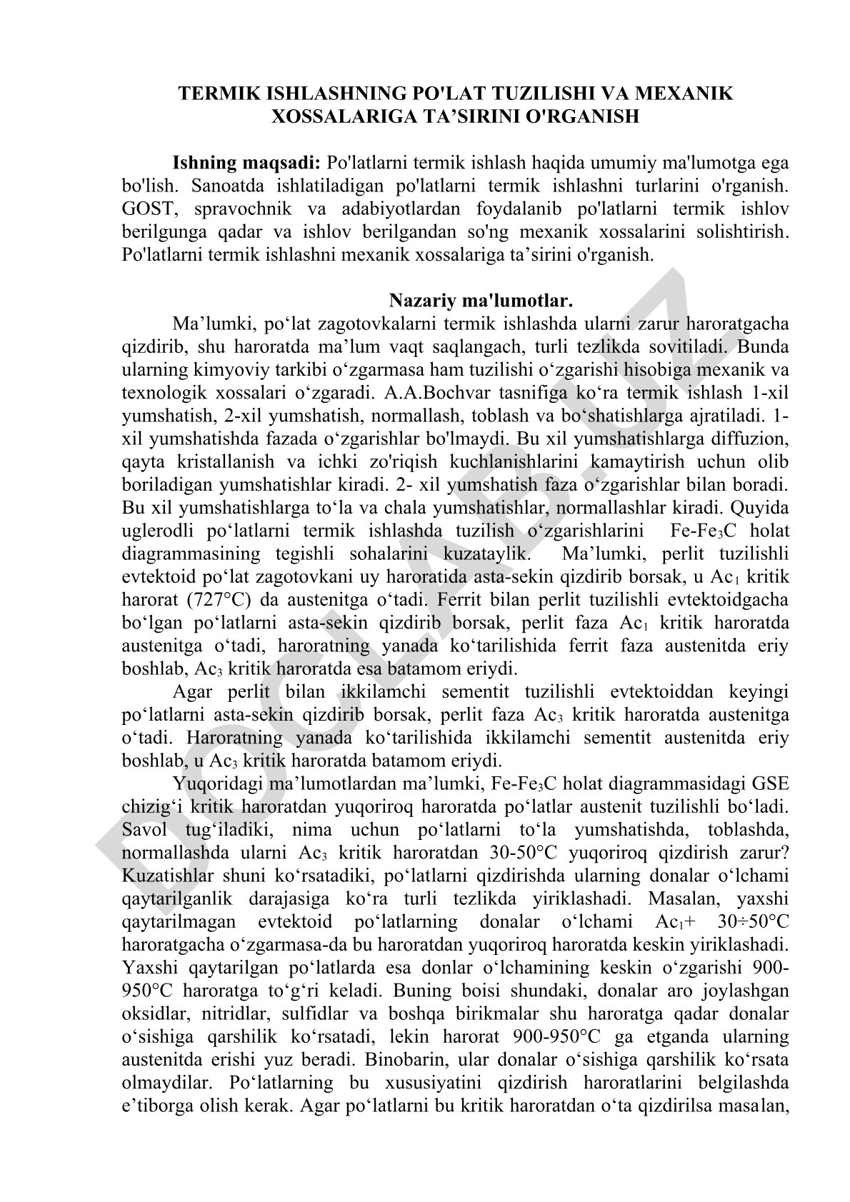 Termik ishlashning po'lat tuzilishi va mexanik xossalari