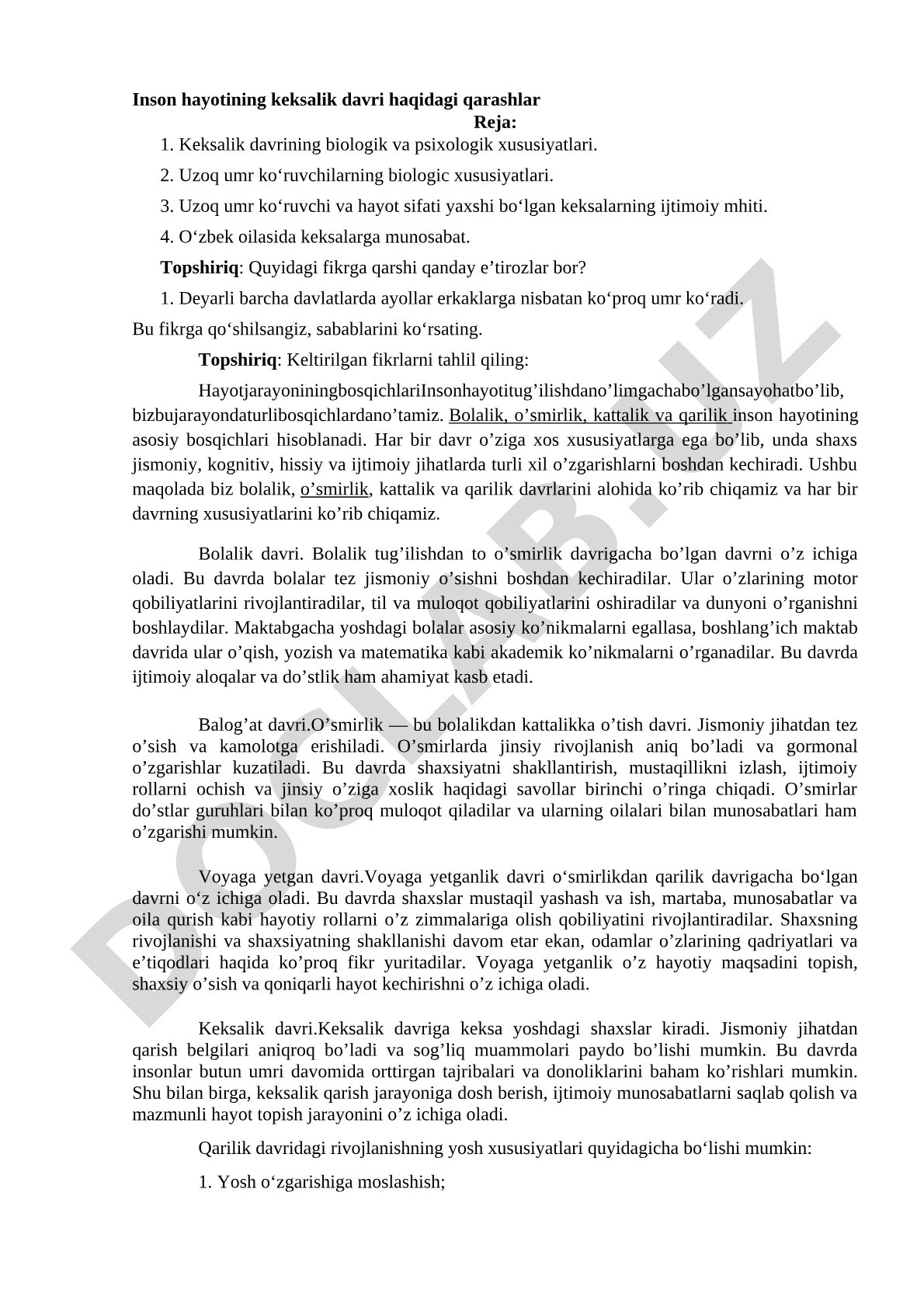 Inson hayotining keksalik davri haqidagi qarashlar